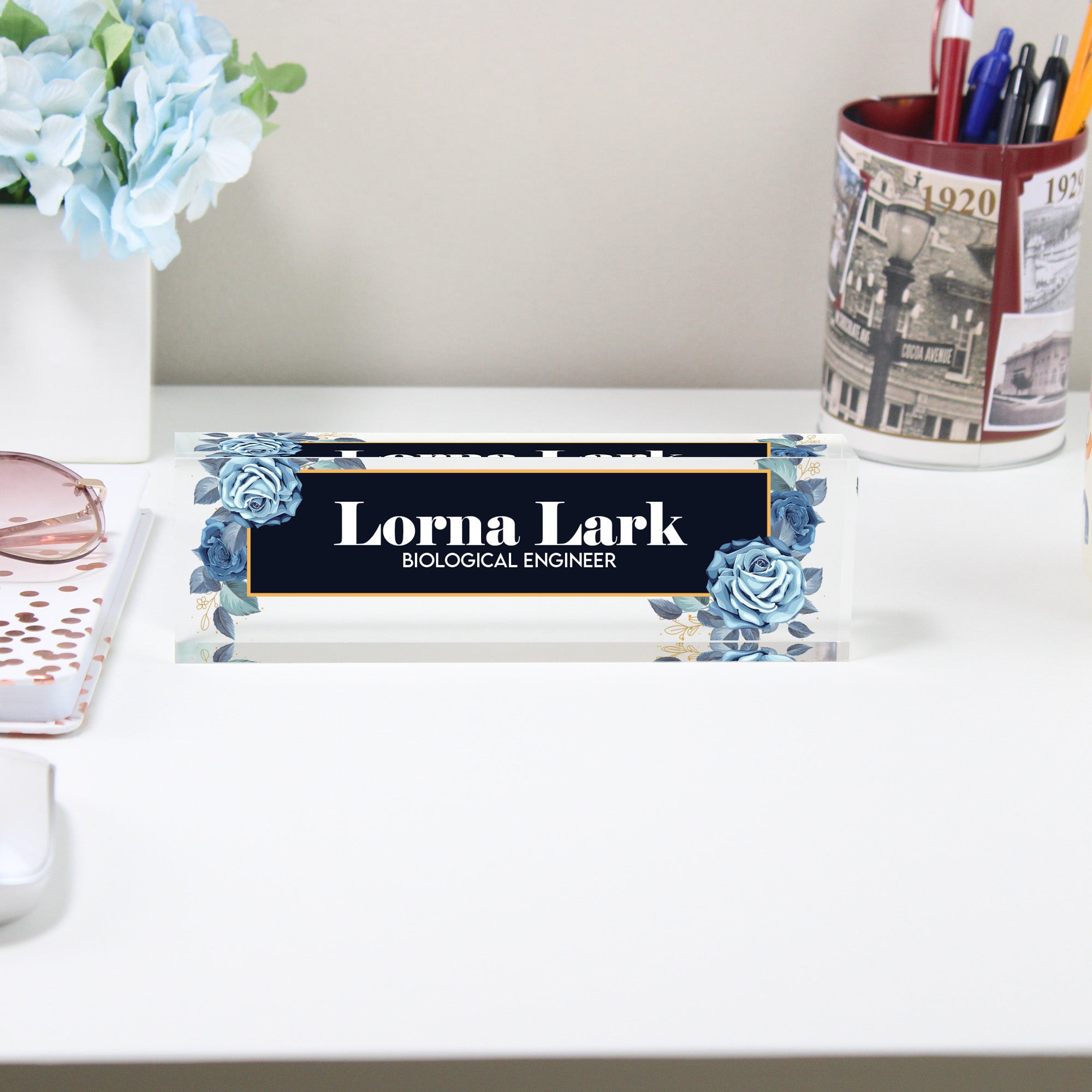 Personalized Acrylic Desk Block with Elegant Blue Rose Design - Custom Nameplate for Professionals and Gift Occasions - Image 2