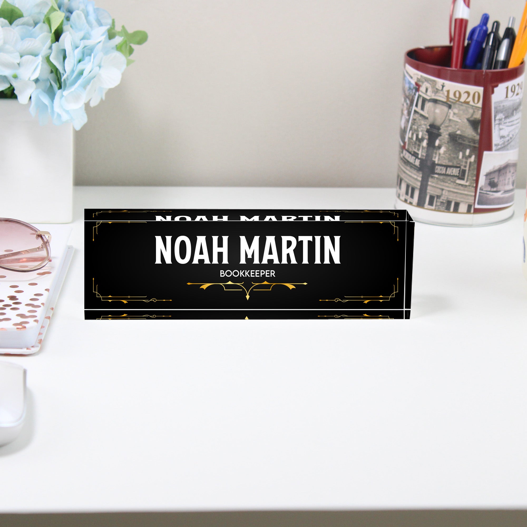 Personalized Acrylic Desk Name Plate - Custom Engraved Bookkeeper Gift with Elegant Art Deco Design - Image 2