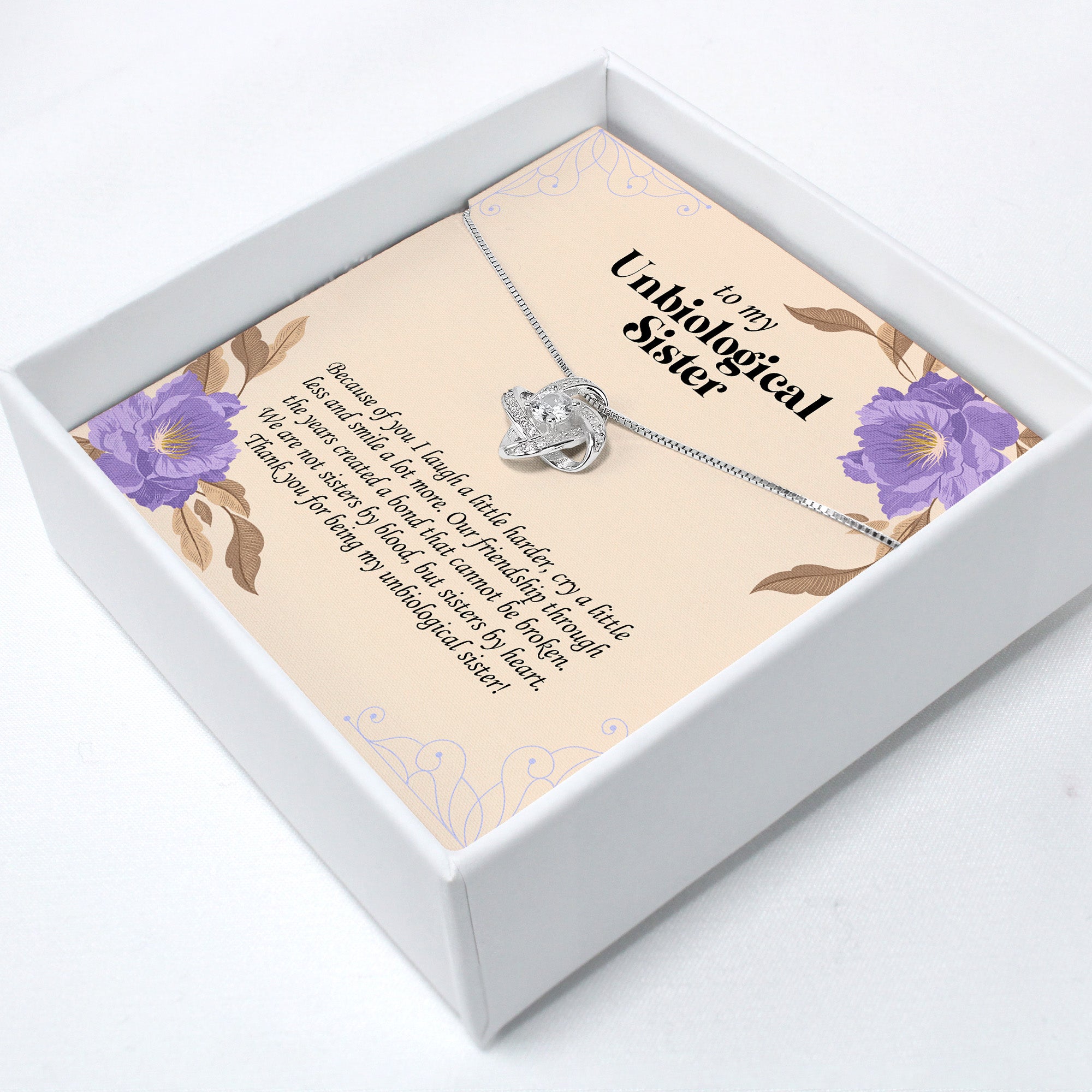 Personalized Unbiological Sister Necklace – Beautiful Floral Design with Custom Message Card and Elegant Knot Pendant - Image 2