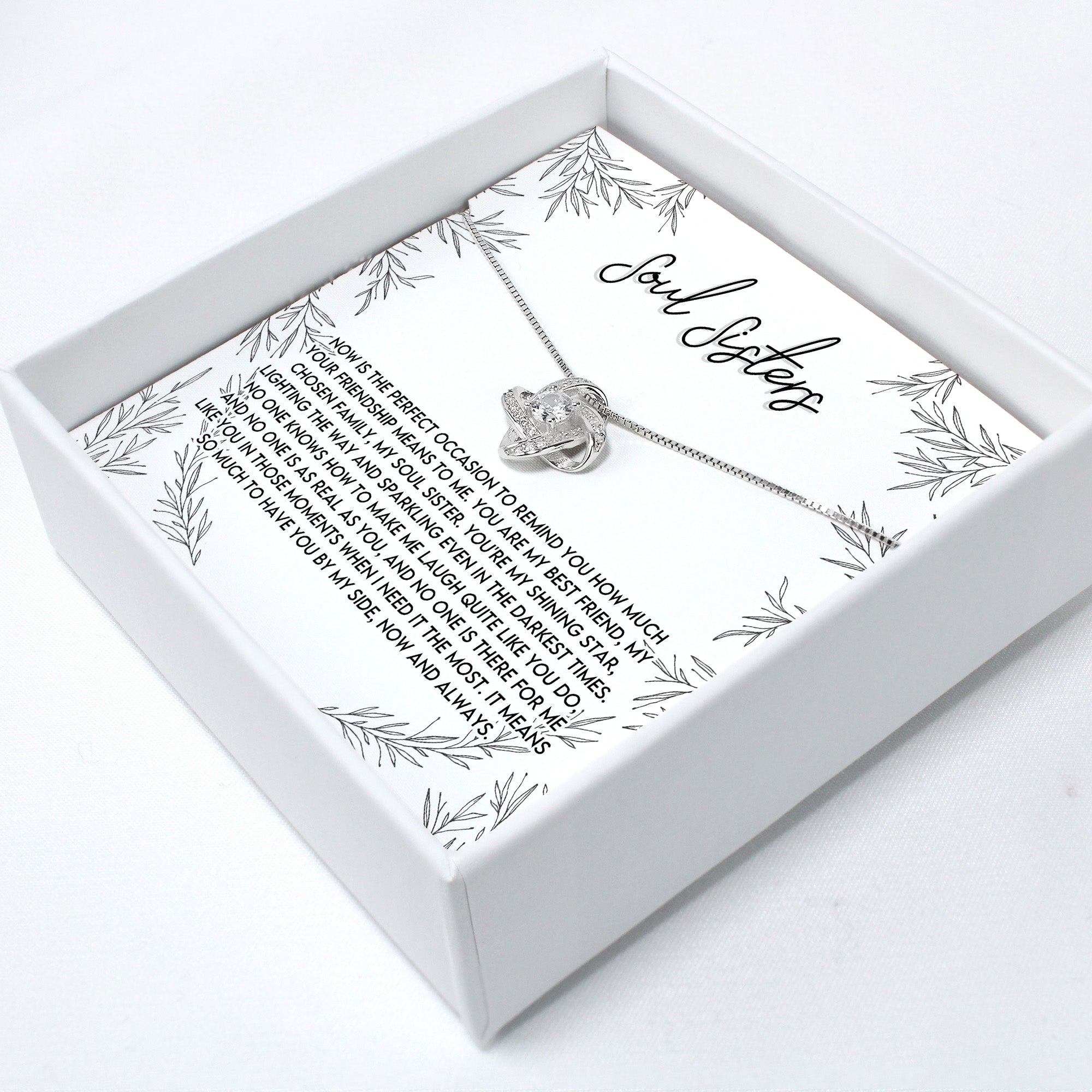 Elegant "Soul Sisters" Infinity Knot Necklace - Personalized Gift for Best Friends, High-Quality Silver Craftsmanship with Meaningful Message Card - Image 2