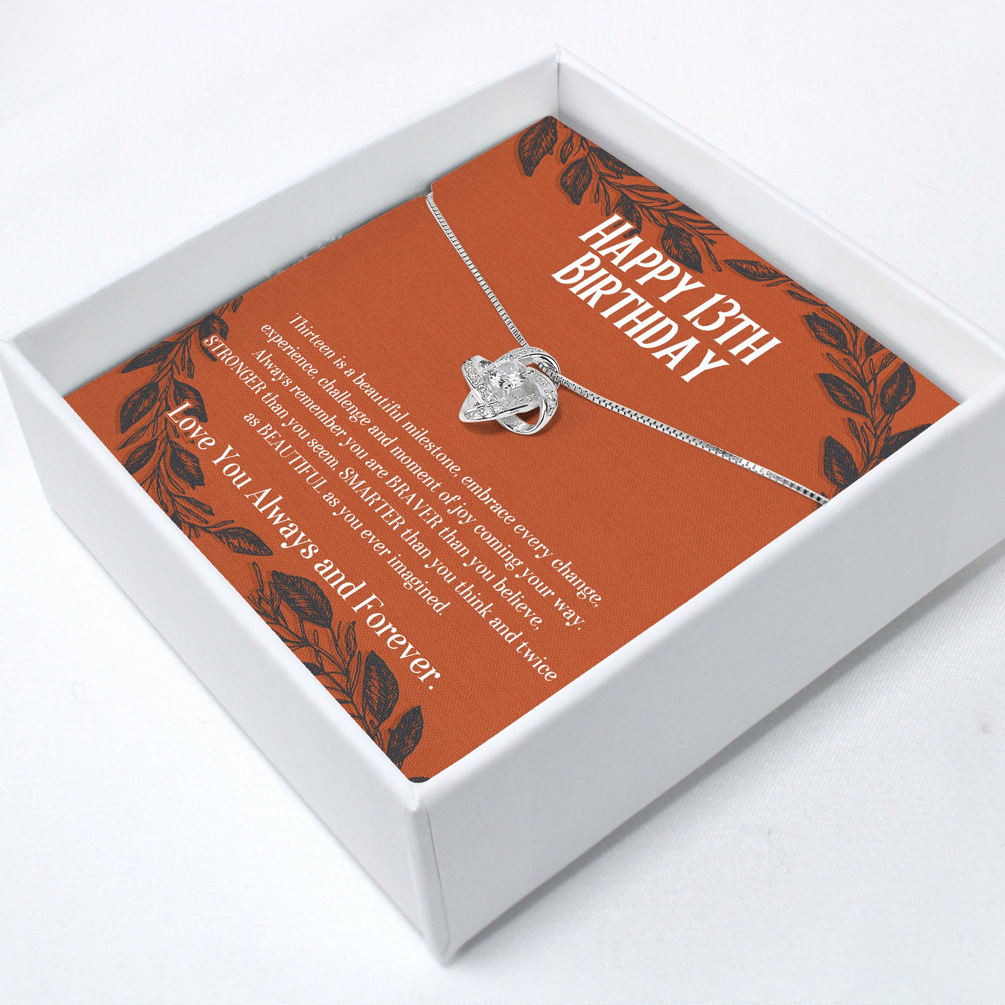 Celebrate Her Milestone: Personalized 13th Birthday Message Card Necklace with Silver Knot Pendant - Image 2