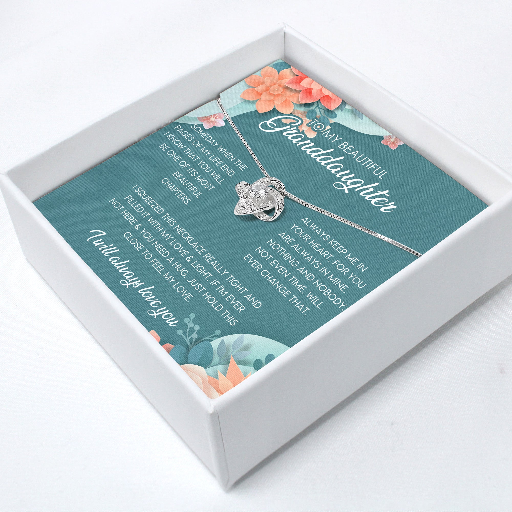 Personalized Floral Message Card Necklace for Granddaughter – Elegant Sterling Silver Interlocking Heart Design - Image 2