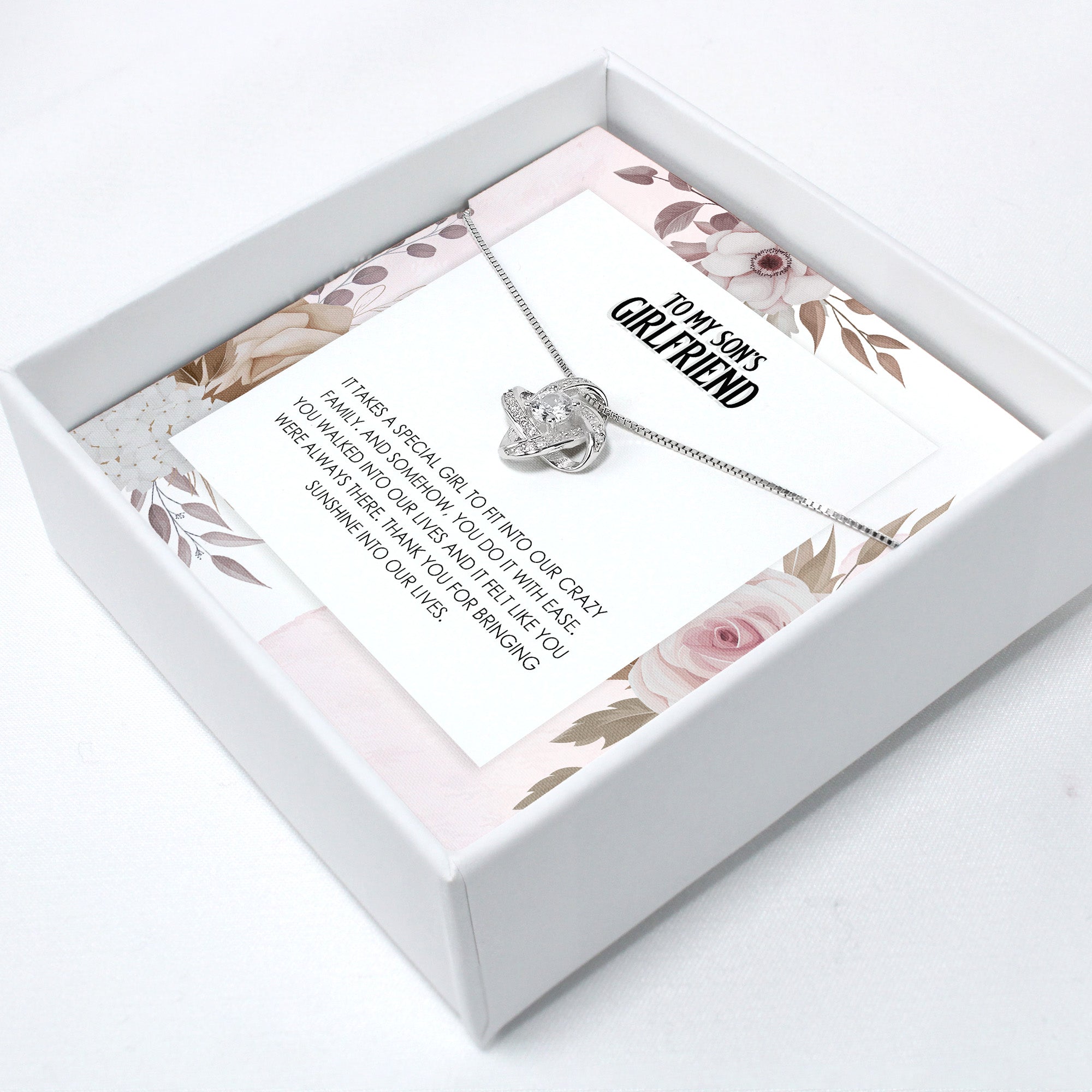 Personalized Necklace with Heartfelt Message Card for Son's Girlfriend - Elegant Silver Knot Design - Image 2