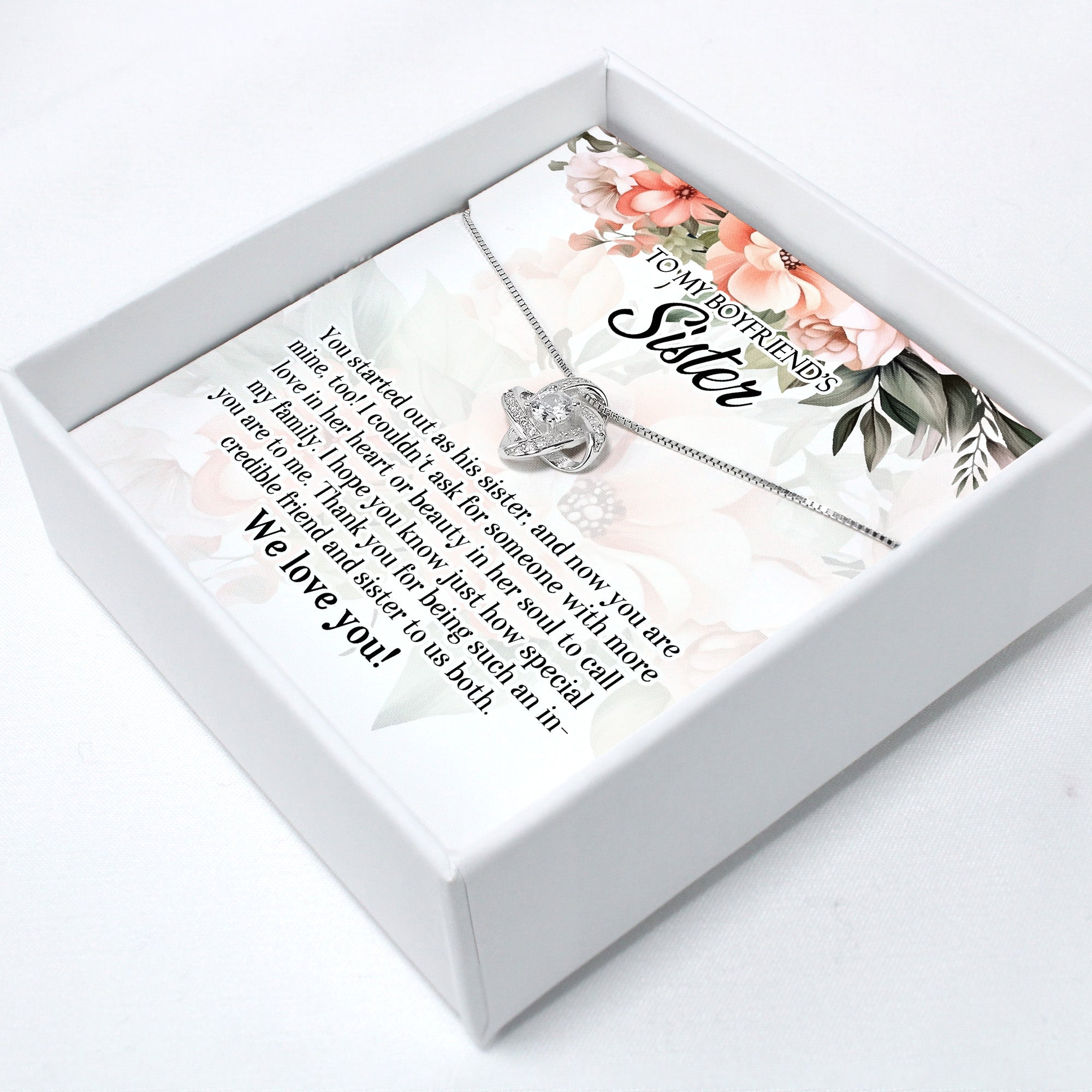 Personalized Message Card Necklace for Boyfriend's Sister - Handmade Infinity Knot Pendant with Floral Design for Special Occasions - Image 2