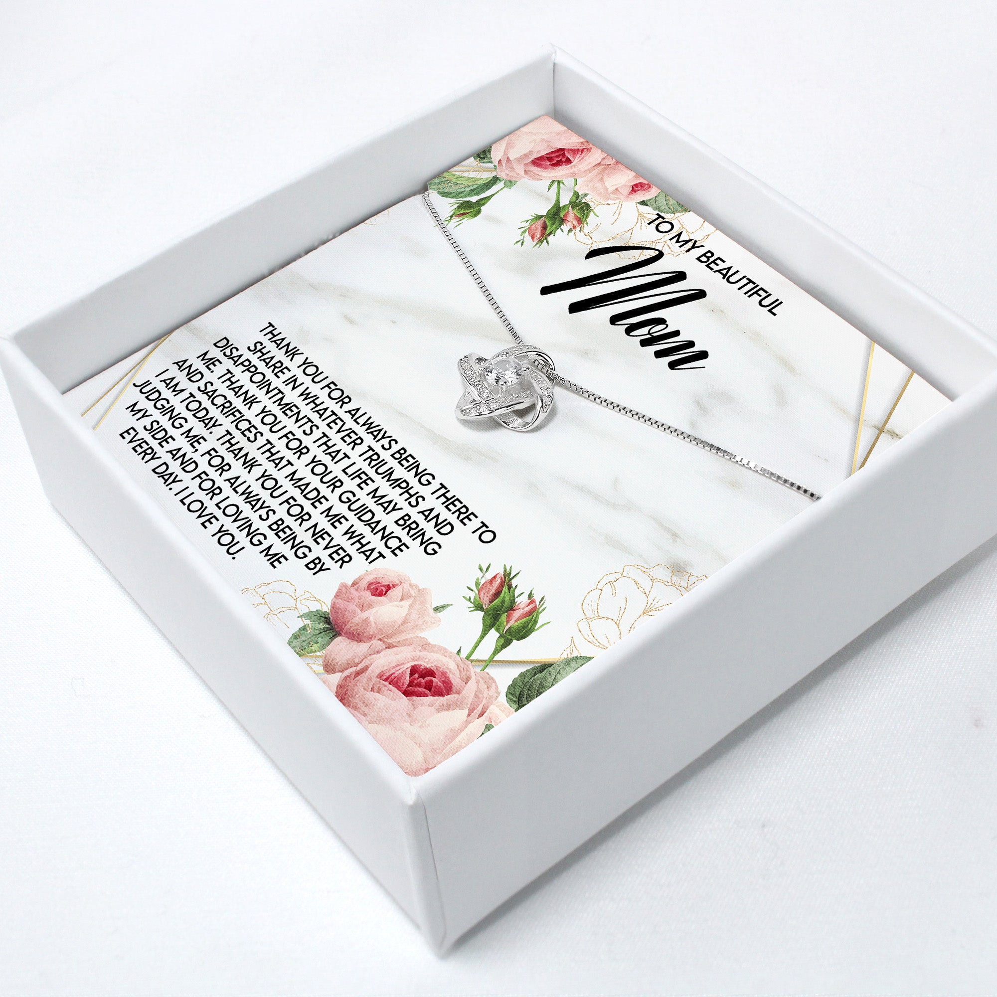 Personalized Mom Necklace with Message Card - Elegant Silver Knot Design for Heartfelt Mother's Gift - Image 2