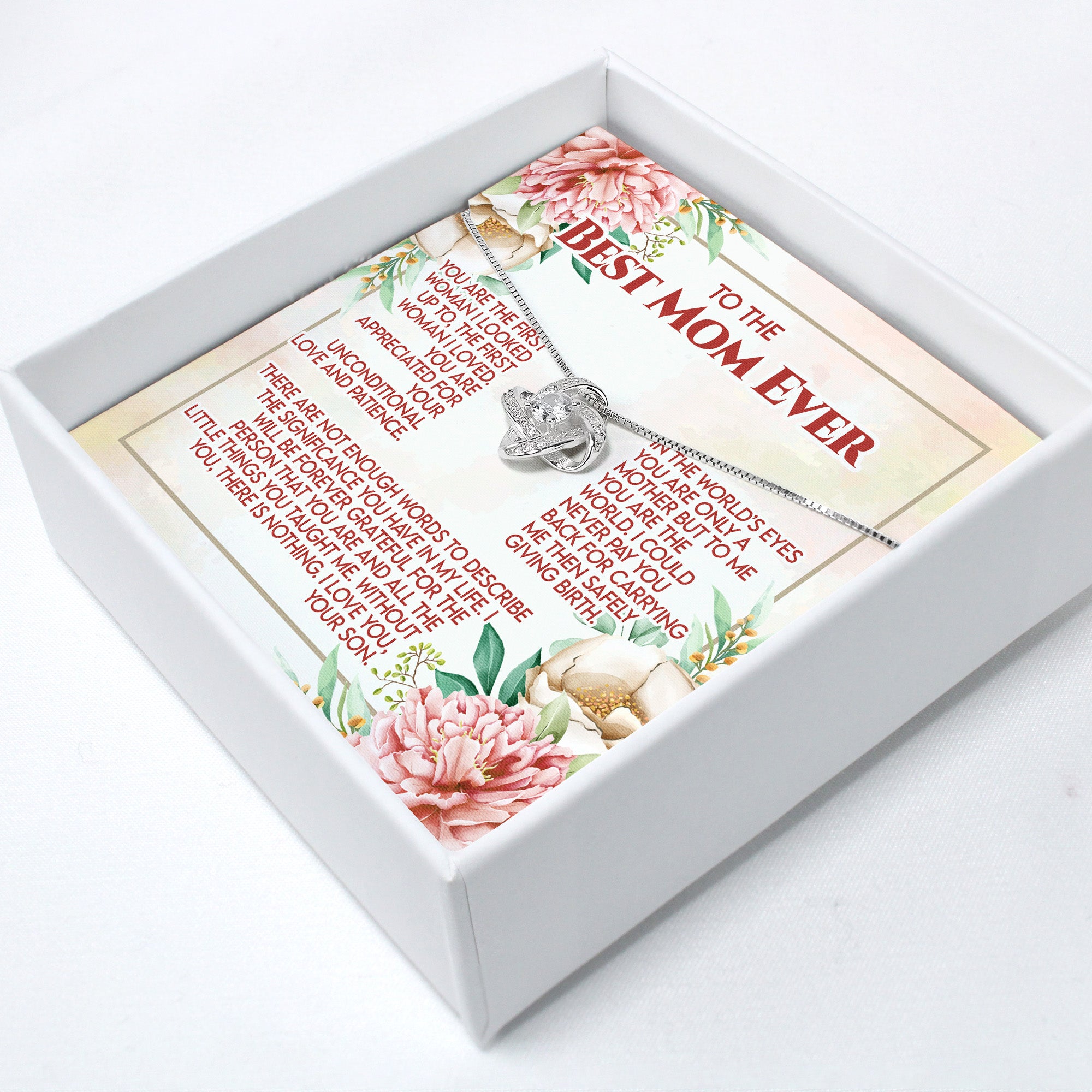 Personalized "Best Mom Ever" Message Card Necklace - Elegant Silver Knot Design with Heartfelt Note - Image 2