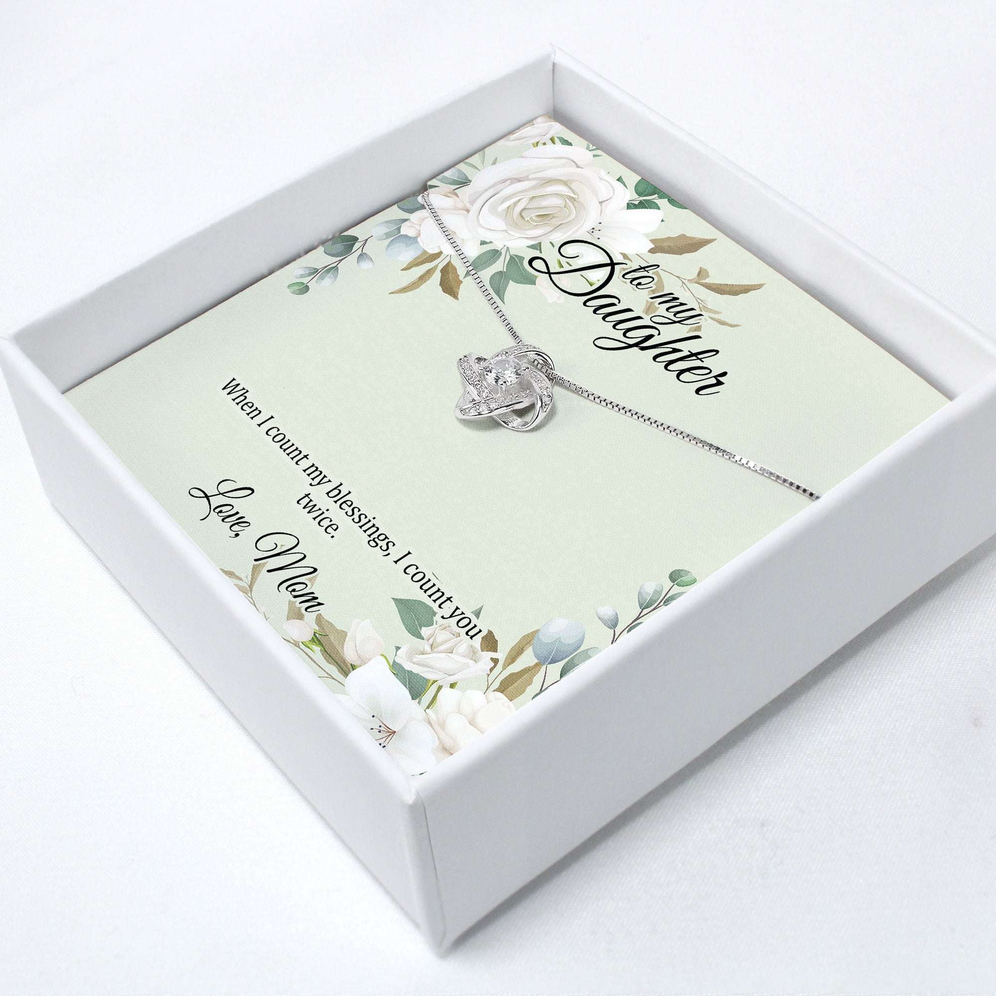 Personalized Daughter Necklace with Message Card – Elegant Silver Love Knot Design with Heartfelt Sentiment - Image 2