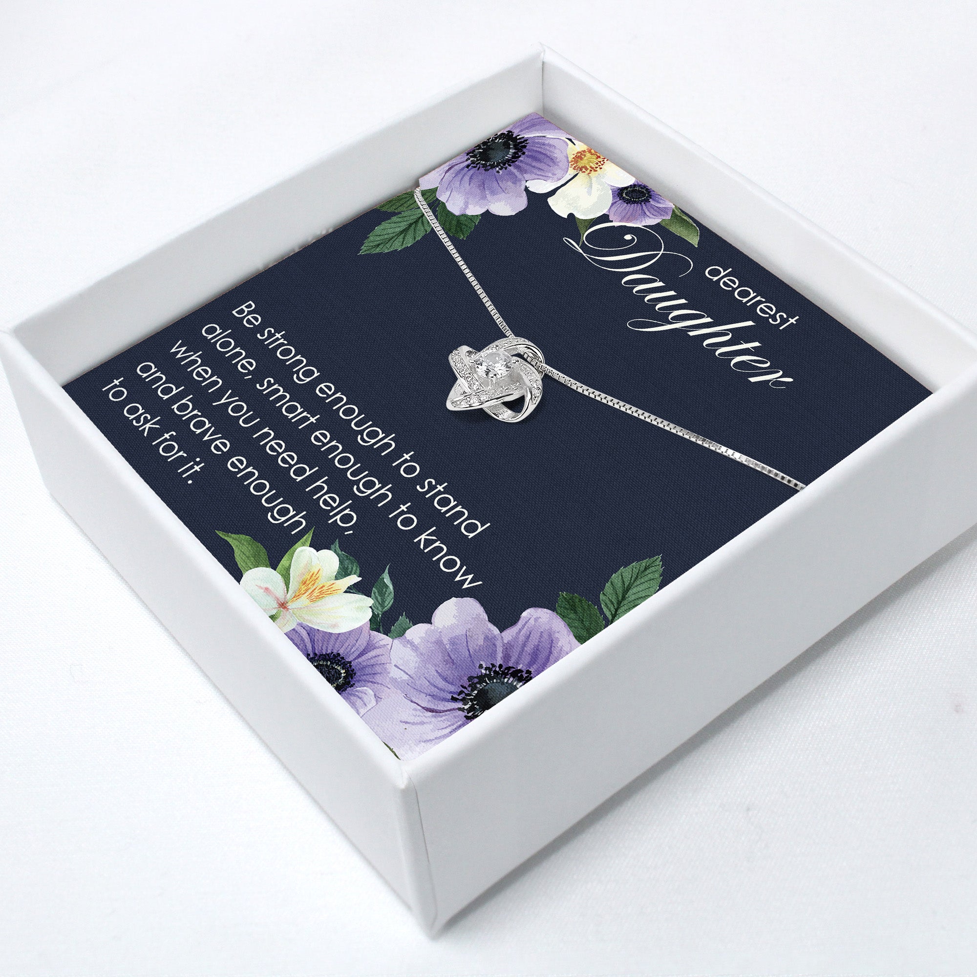 Personalized Daughter Message Card Necklace - Elegant Knot Design with Inspirational Quote and Floral Accents - Image 2