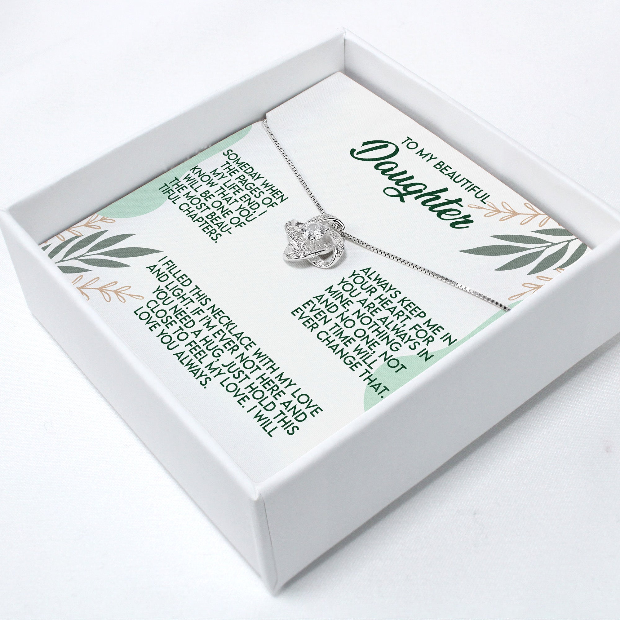 Personalized Message Card Necklace for Daughter - Handmade Silver Knot Pendant with Heartfelt Poem and Gift Box - Image 2