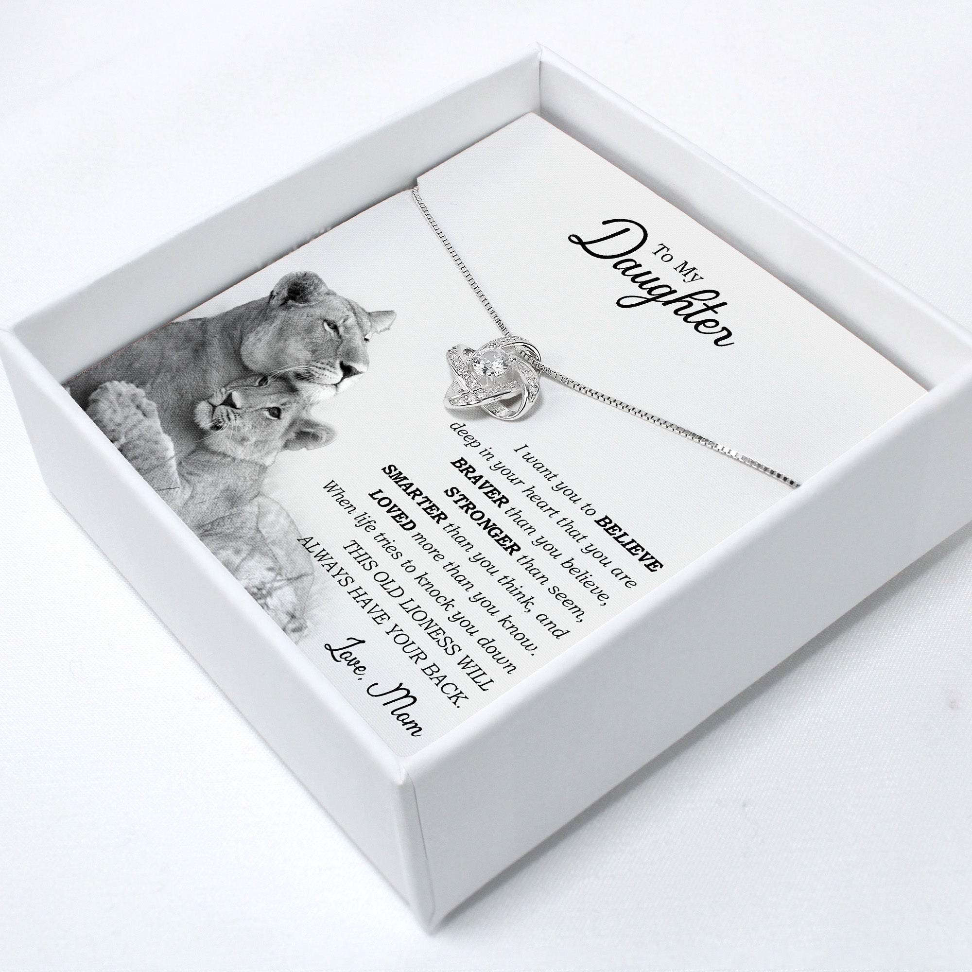 Personalized Daughter Necklace with Heartfelt Message Card | Sterling Silver Love Knot Pendant from Mom - Image 2