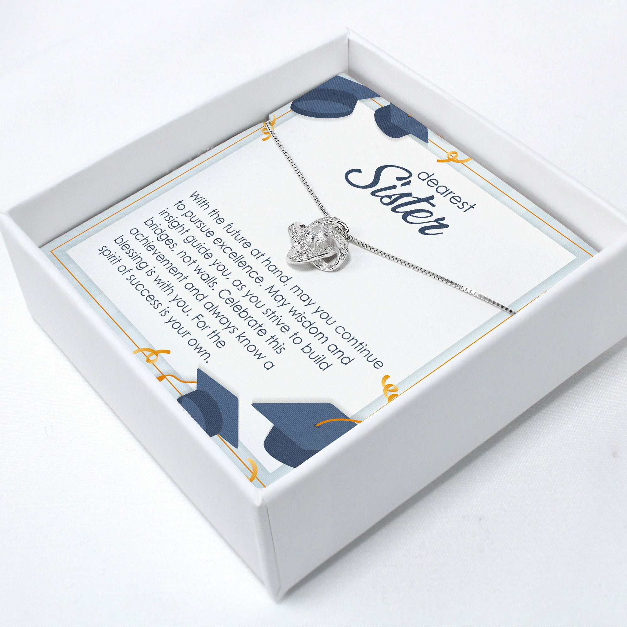 Personalized "Dearest Sister" Message Card Necklace - Elegant Silver Infinity Knot Pendant for Graduation, Birthday, or Any Special Occasion - Image 2