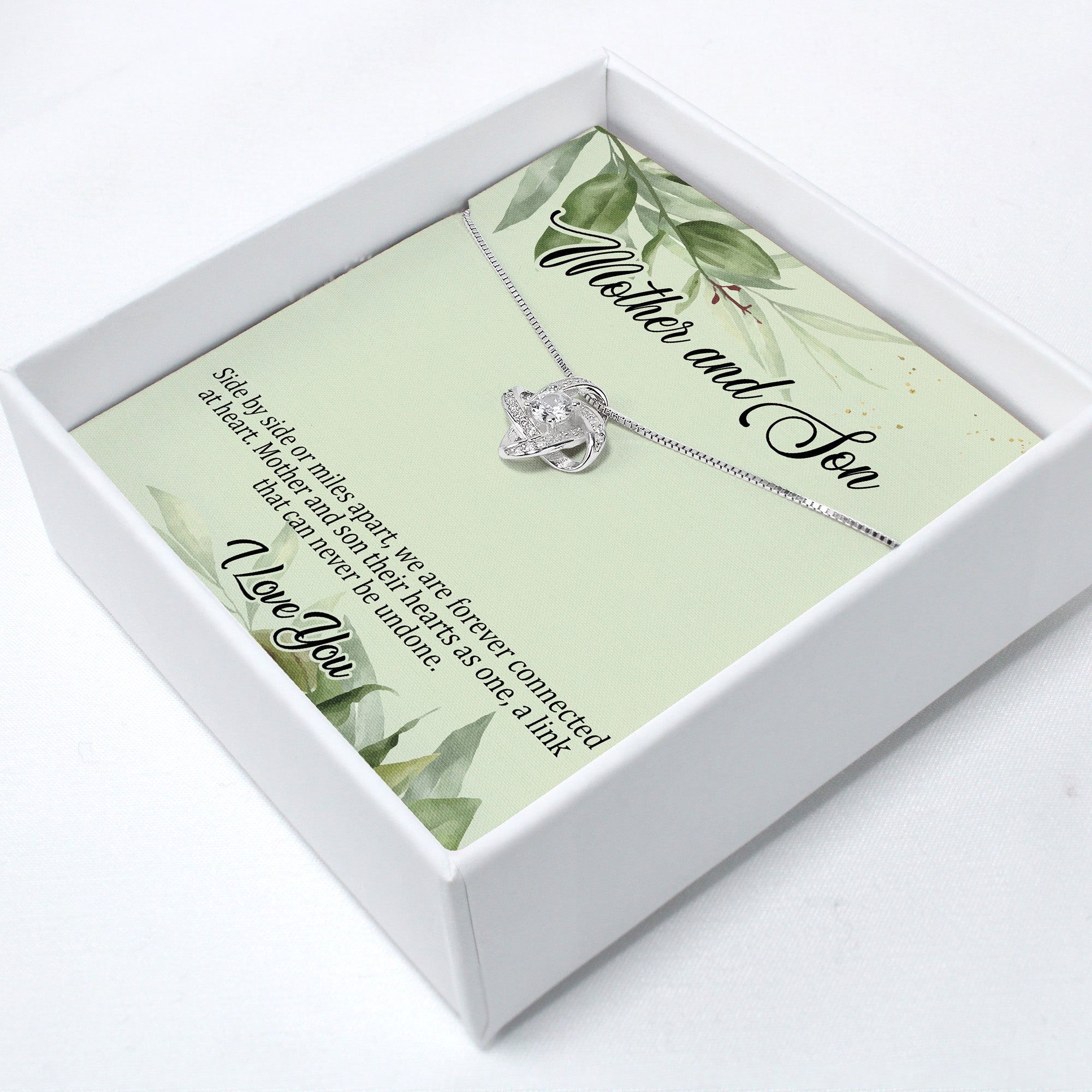 Elegant Mother and Son Intertwined Knot Necklace - Personalized Sterling Silver Gift with Heartfelt Message for Any Occasion - Image 2