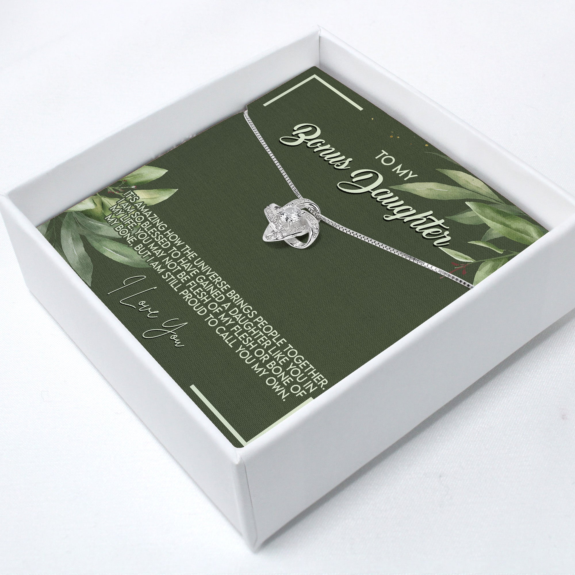 "Personalized Bonus Daughter Necklace with Heartfelt Message Card - Elegant Knot Pendant Gift in Premium Silver Finish" - Image 2