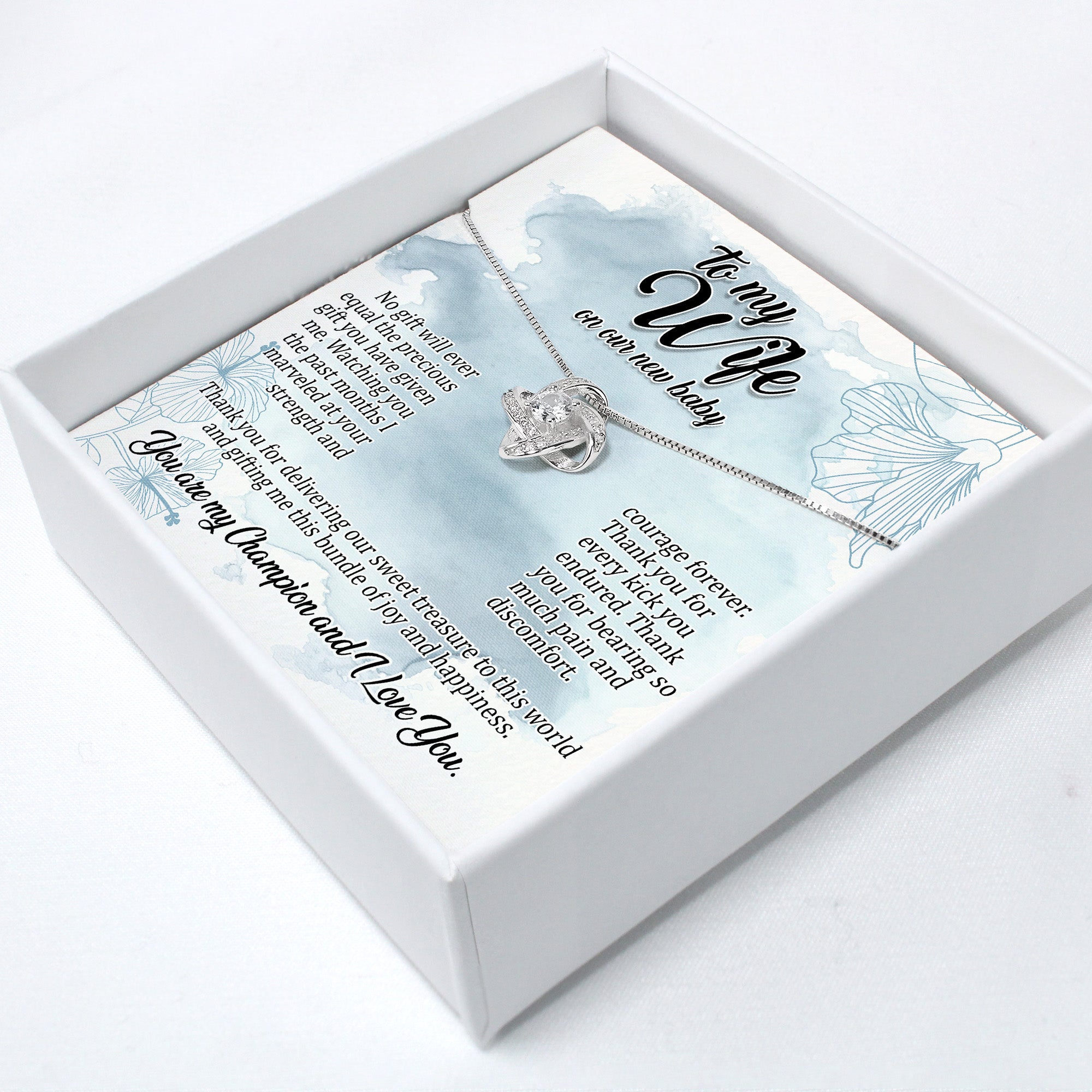 Personalized Message Card Necklace for Wife - Celebrate New Baby Arrival with Elegant Knot Pendant and Customizable Note - Image 2