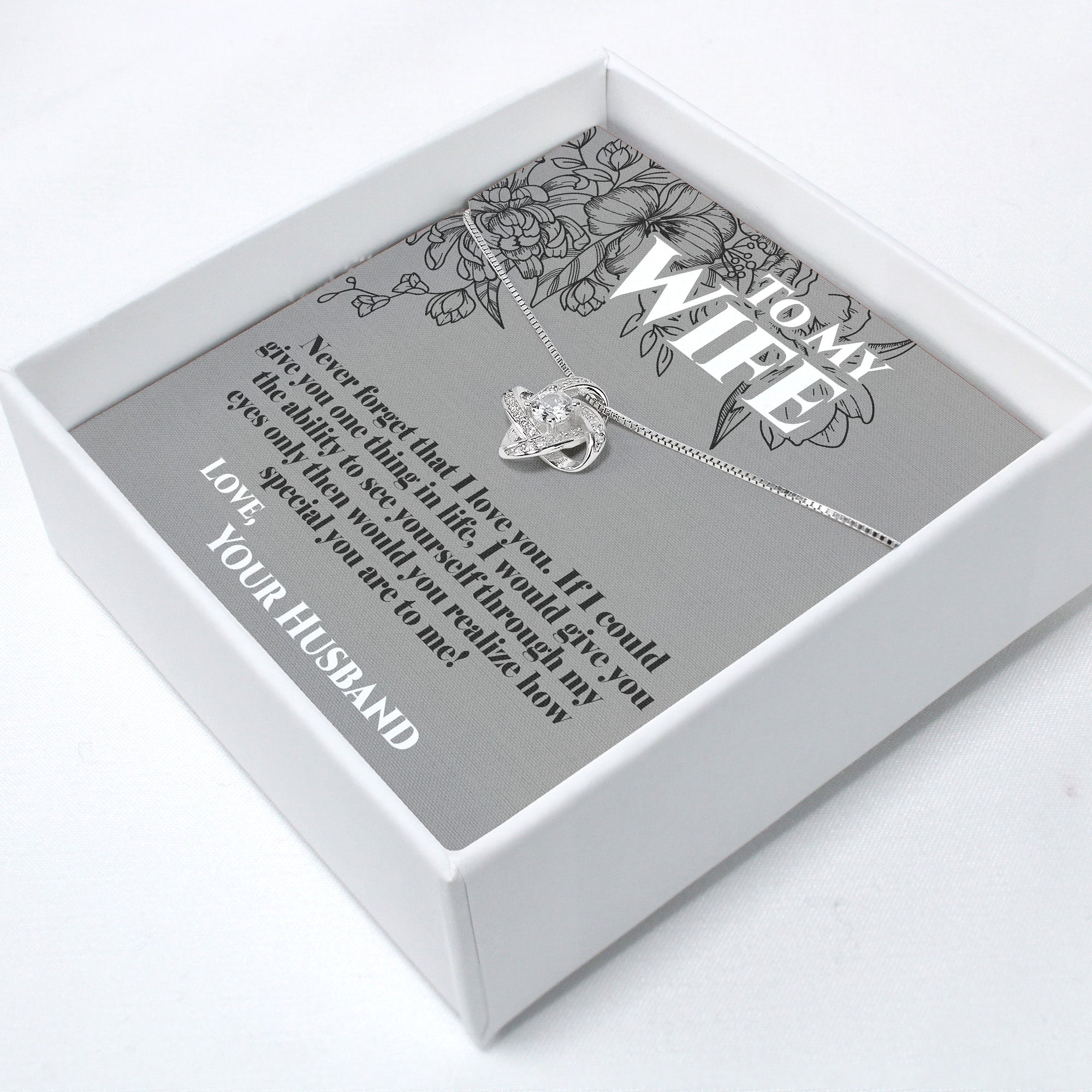 Personalized Message Card Necklace for Wife - Handmade Silver Knot Pendant with Sentimental Quote - Image 2