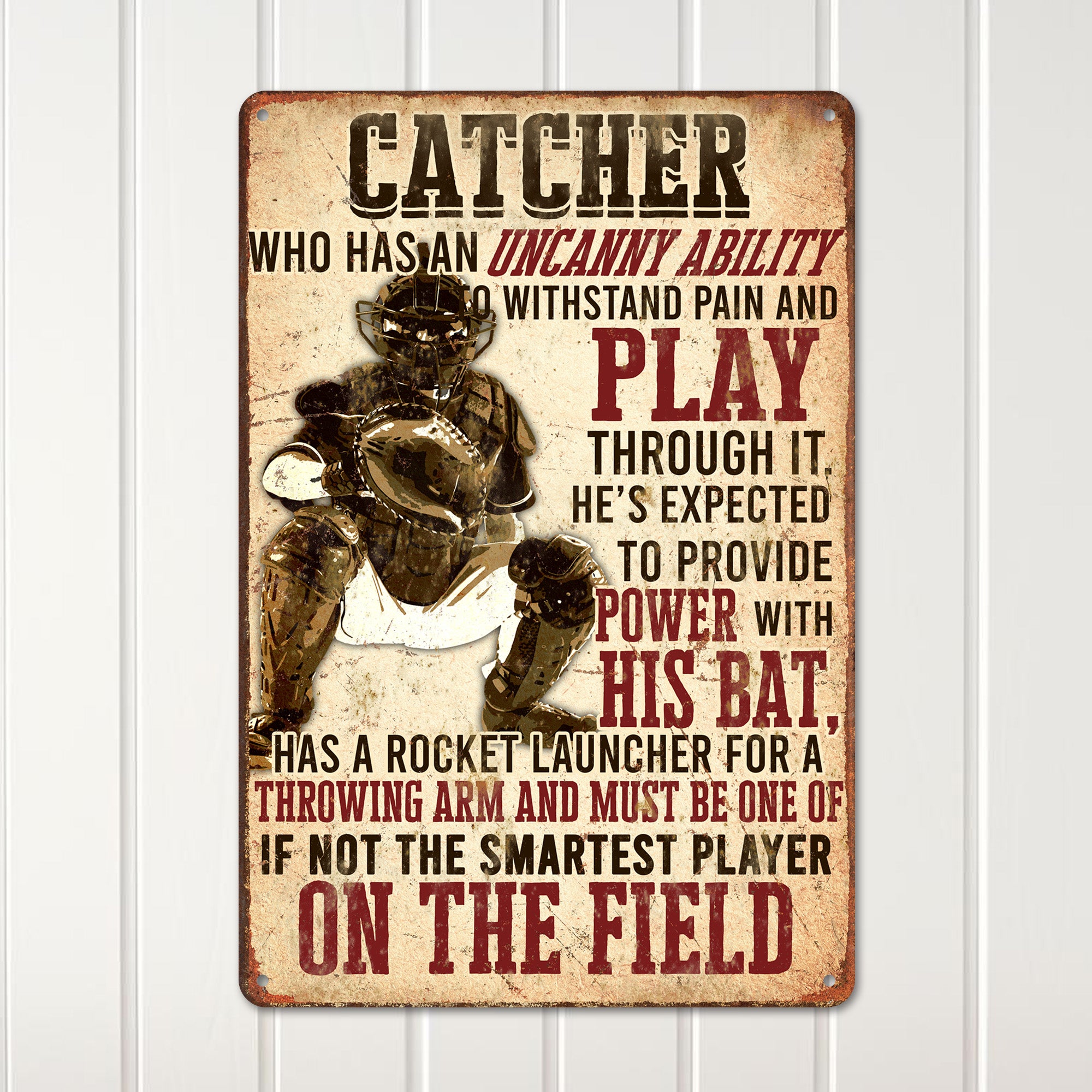 Personalized Catcher's Metal Sign – Rustic Sports Decor with Customizable Message for Baseball Enthusiasts - Image 2