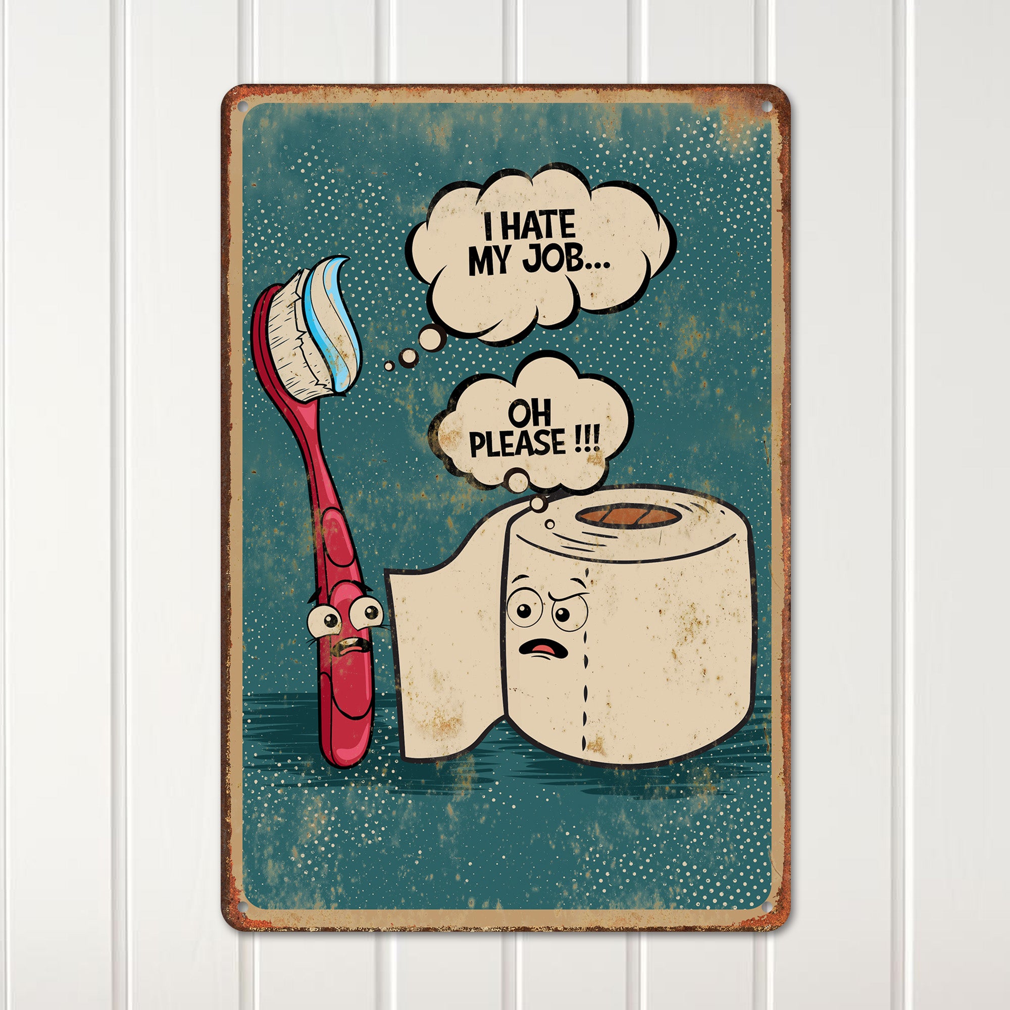 "Cheeky Bathroom Decor: Personalized Rusty-Look Metal Sign with Humorous Toothbrush & Toilet Roll Conversation" - Image 2