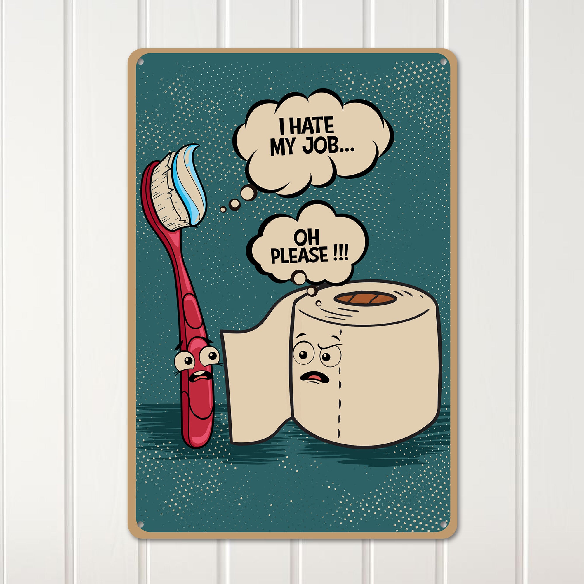 "Cheeky Bathroom Decor: Personalized Rusty-Look Metal Sign with Humorous Toothbrush & Toilet Roll Conversation" - Image 3