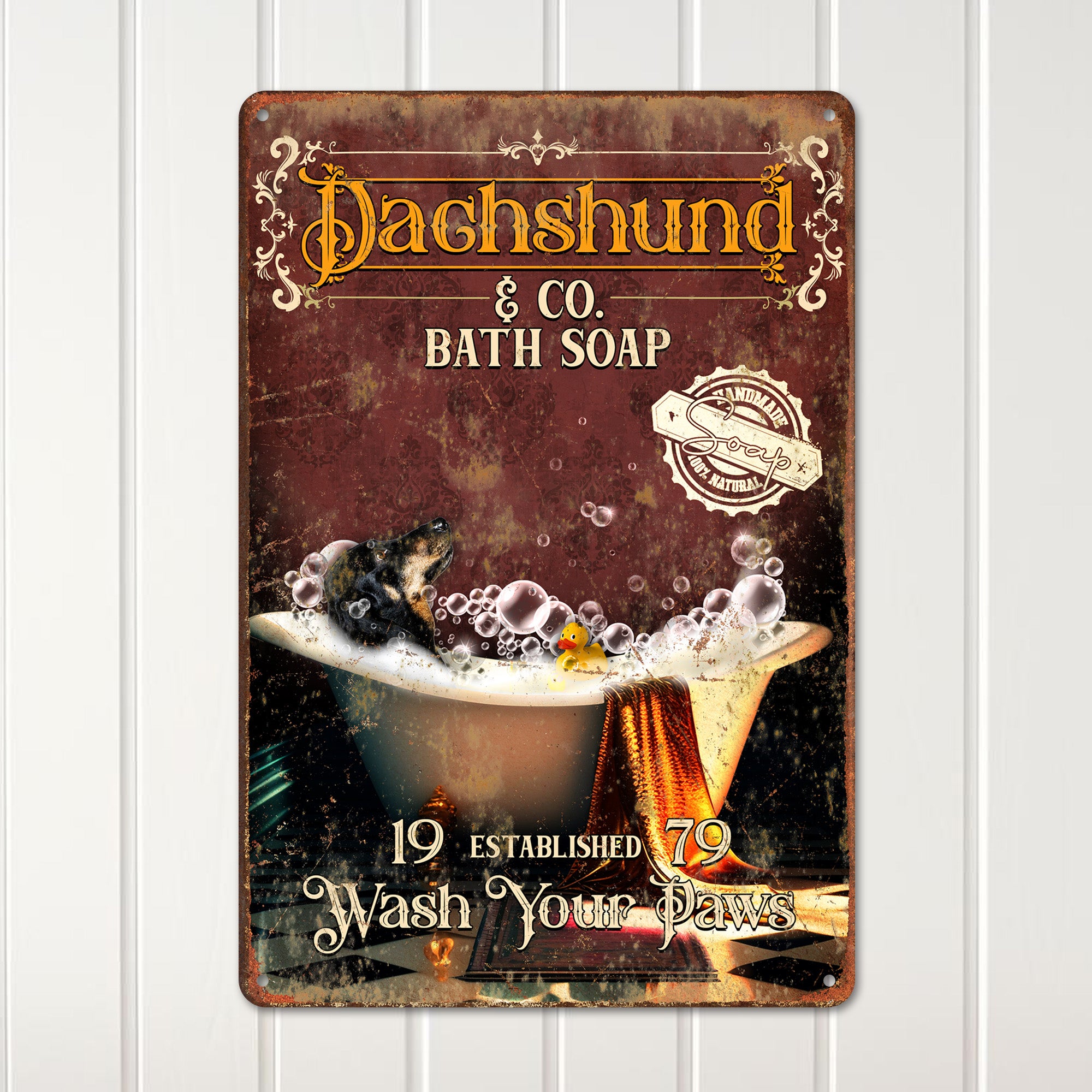 Personalized Dachshund & Co. Vintage Metal Sign - Handmade Bath Soap Décor for Dog Lovers - Image 2