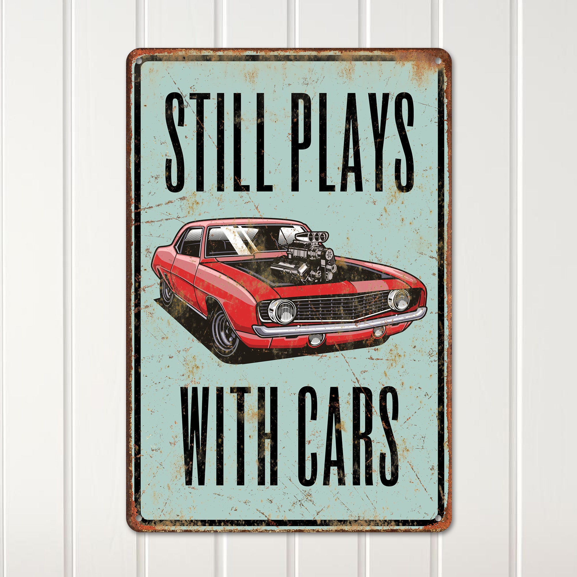 "Personalized Rustic Metal Sign - 'Still Plays with Cars' - Retro Car Enthusiast Wall Art for Home, Garage, or Man Cave" - Image 2