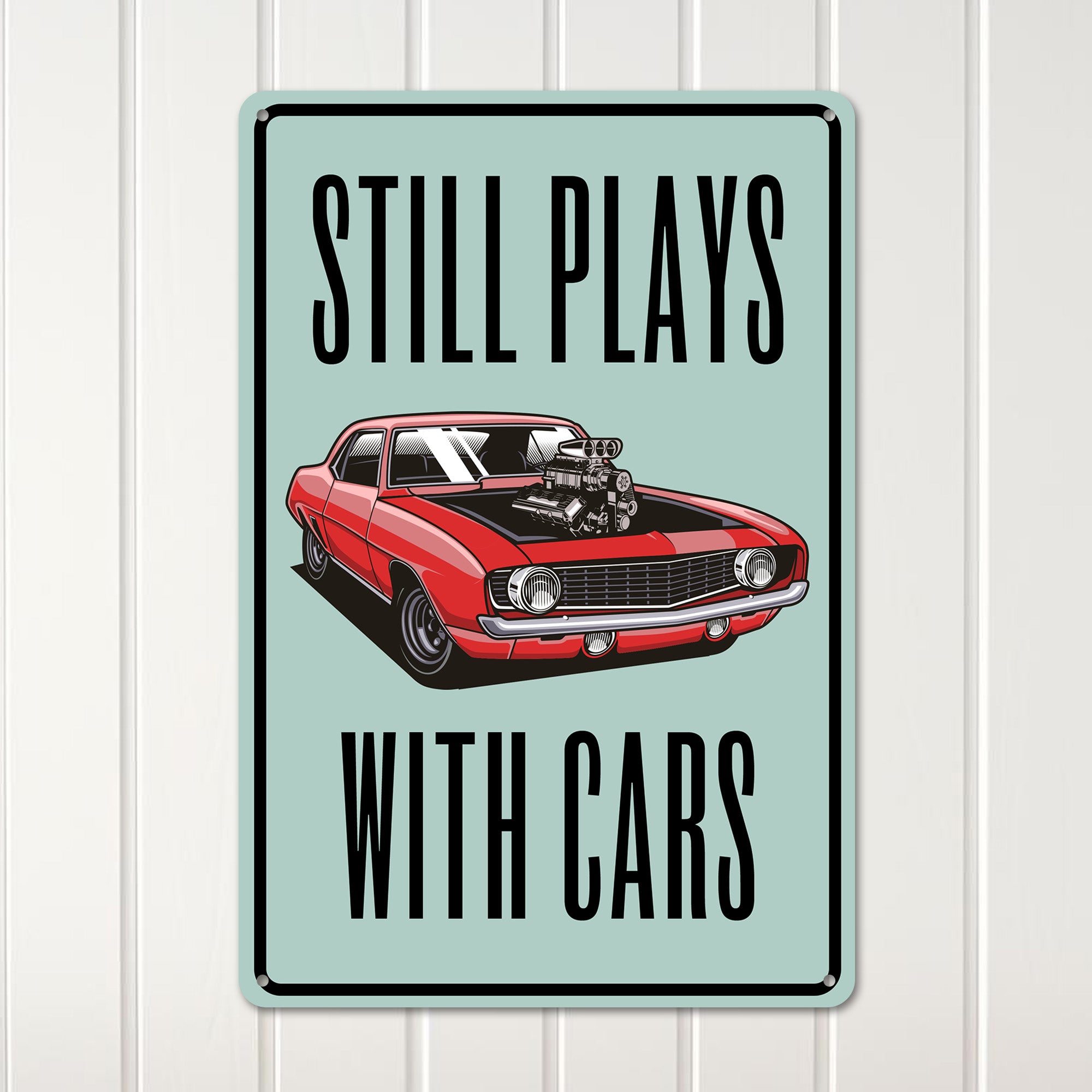 "Personalized Rustic Metal Sign - 'Still Plays with Cars' - Retro Car Enthusiast Wall Art for Home, Garage, or Man Cave" - Image 3