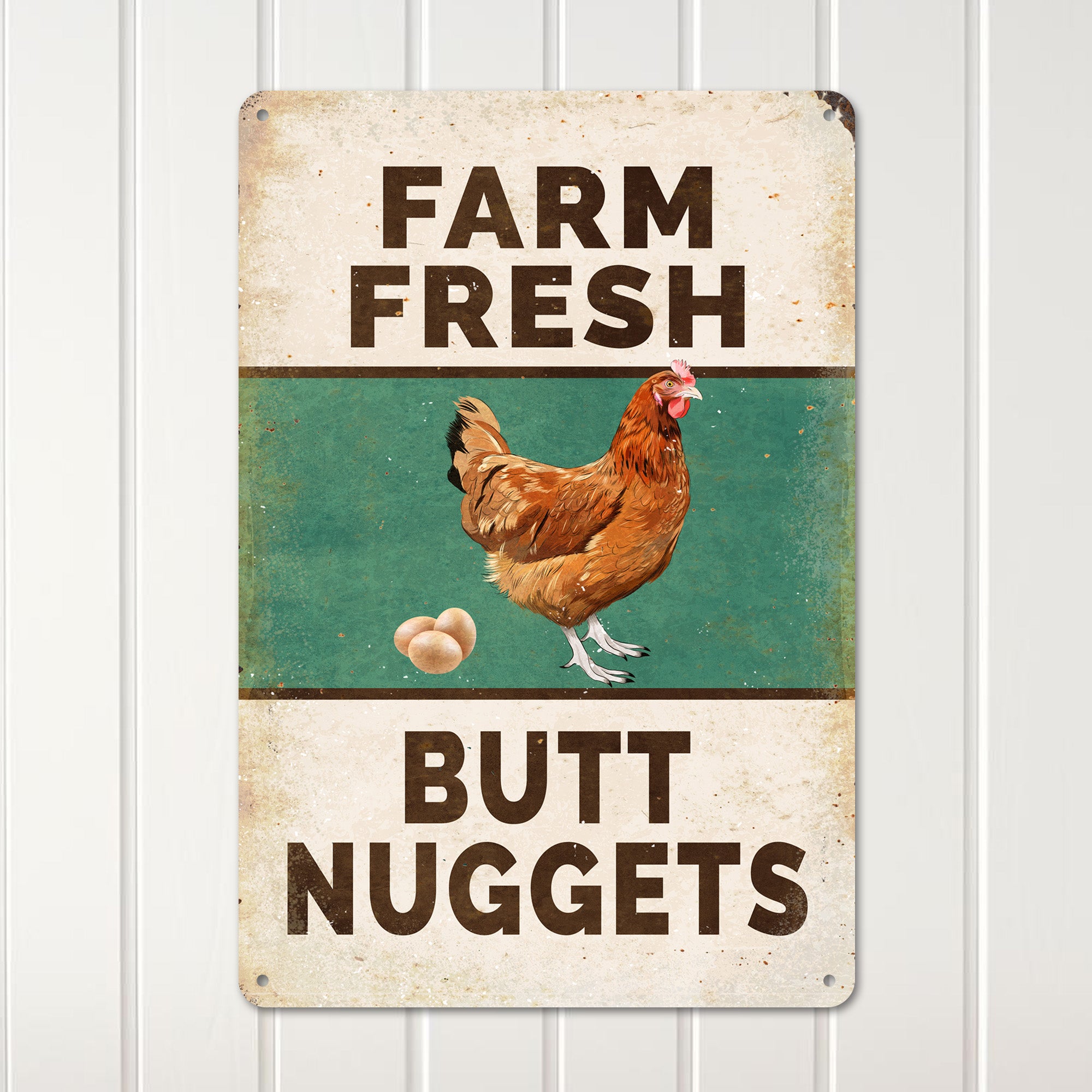Personalized Farm Fresh Metal Sign – Whimsical "Butt Nuggets" Chicken Decor for Rustic Home & Gifts - Image 2