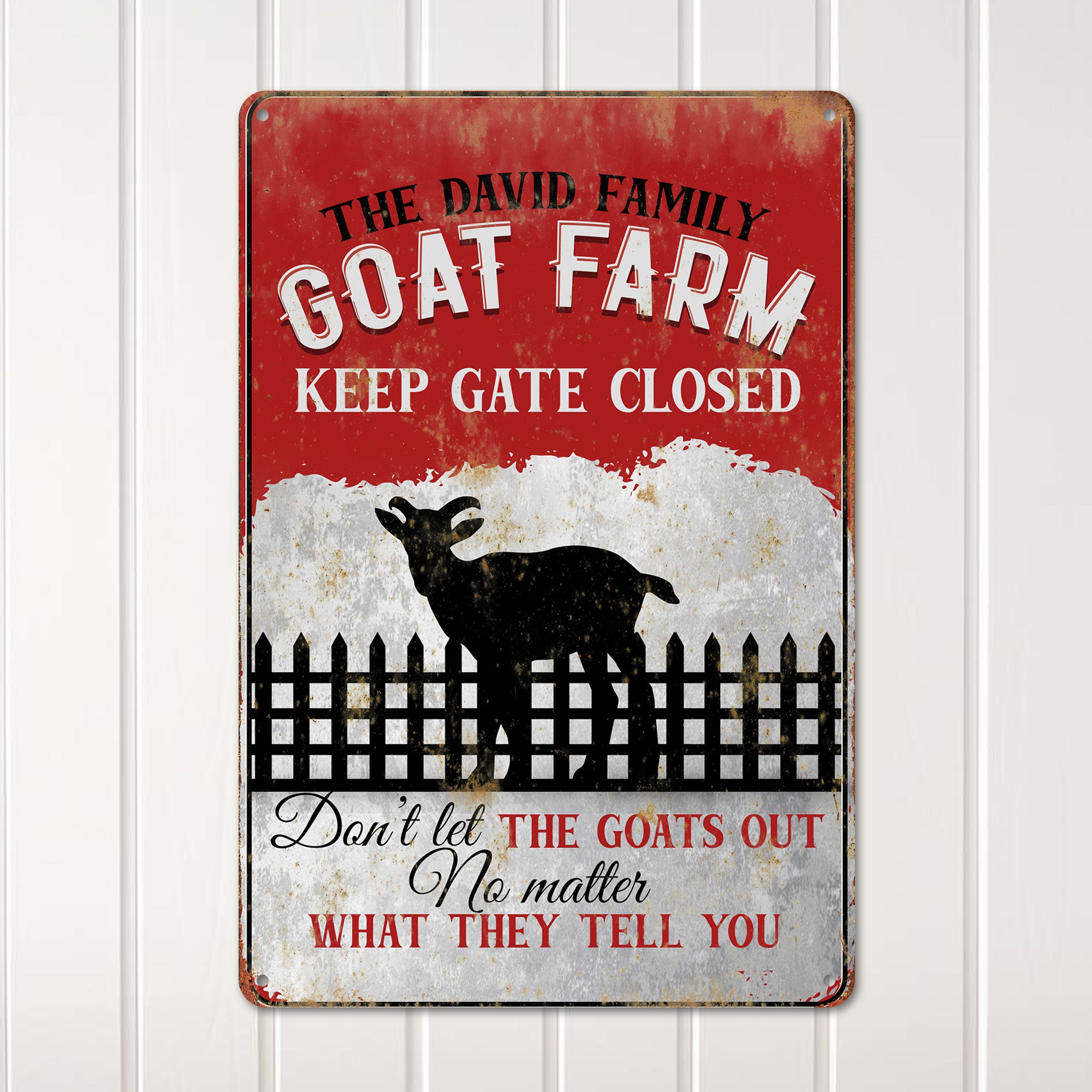 Personalized Rustic Metal Goat Farm Sign - Custom Family Name with Humorous Keep Gate Closed Reminder - Image 2
