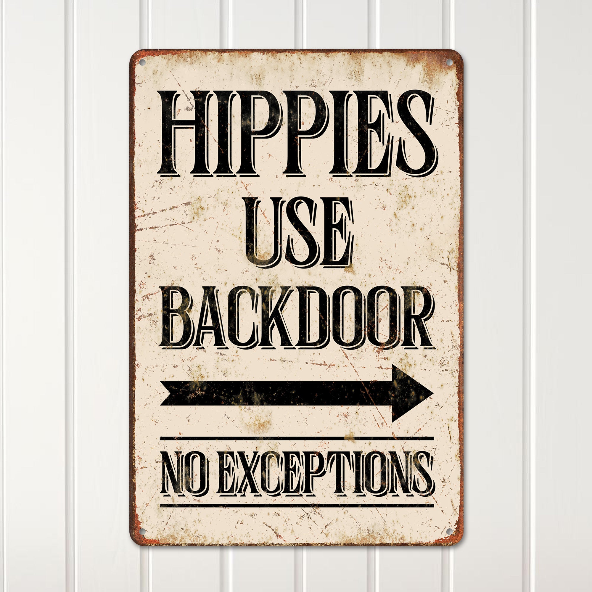 Personalized Vintage Metal Sign "Hippies Use Backdoor" – Custom Rustic Wall Decor for Home, Bar, or Cafe with Humorous Touch - Image 2