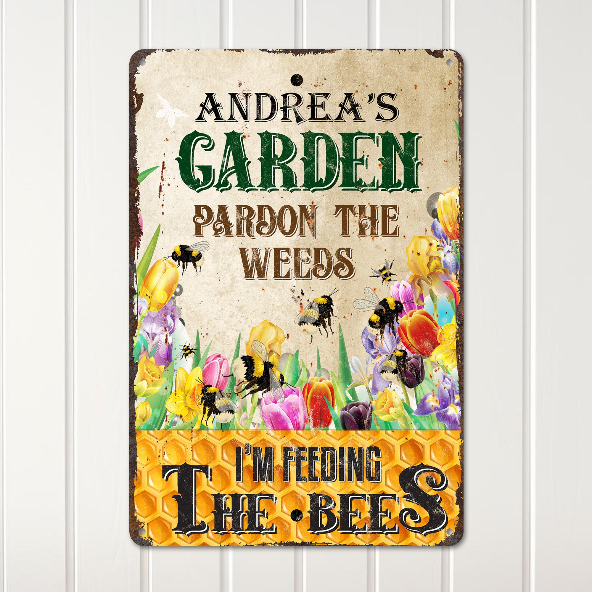 Personalized Garden Metal Sign - "Pardon the Weeds, I'm Feeding the Bees" - Custom Outdoor Decor for Nature Lovers - Image 2