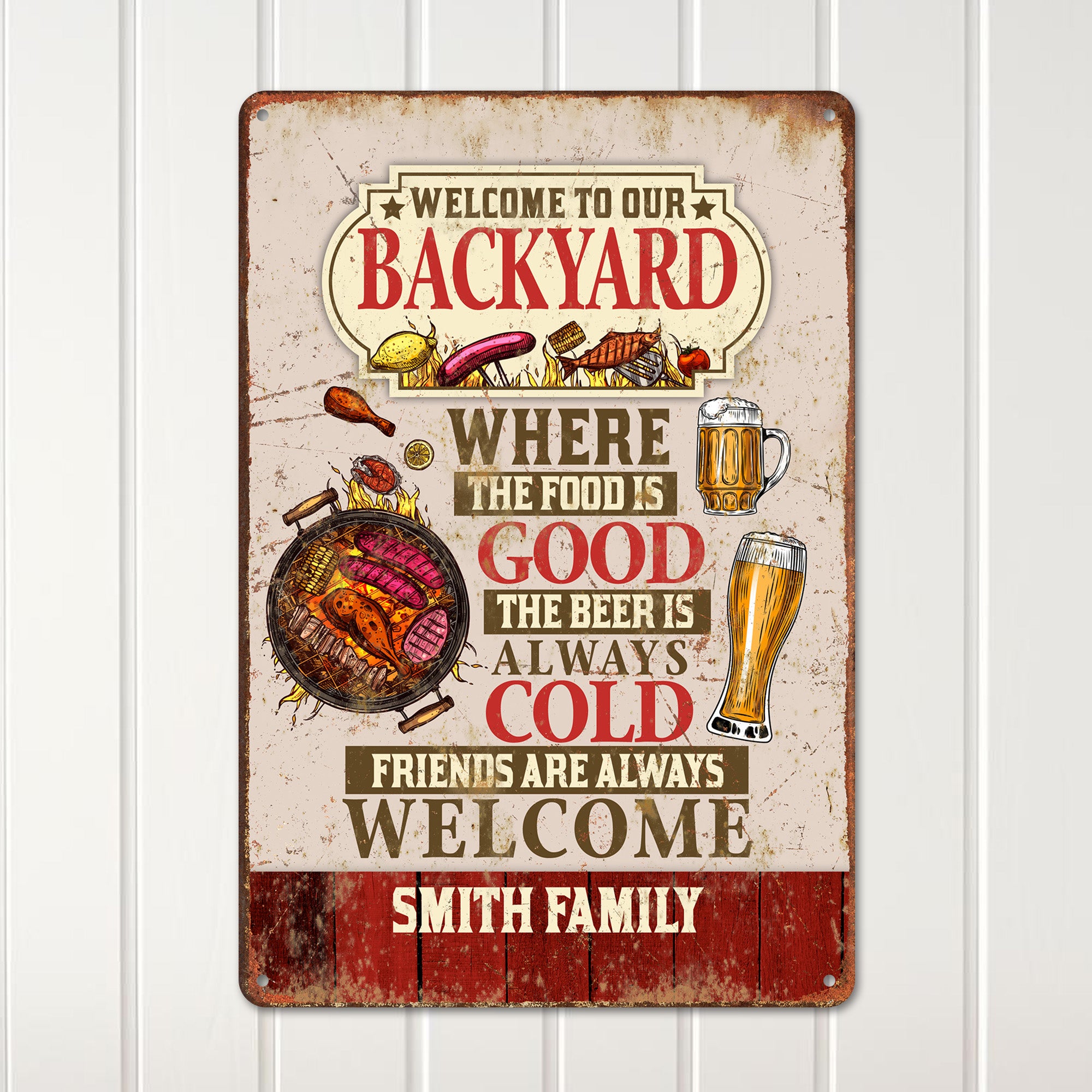 Personalized Family Metal Backyard Sign - Custom BBQ Decor with Beer and Food Theme for Outdoor Gatherings - Image 2