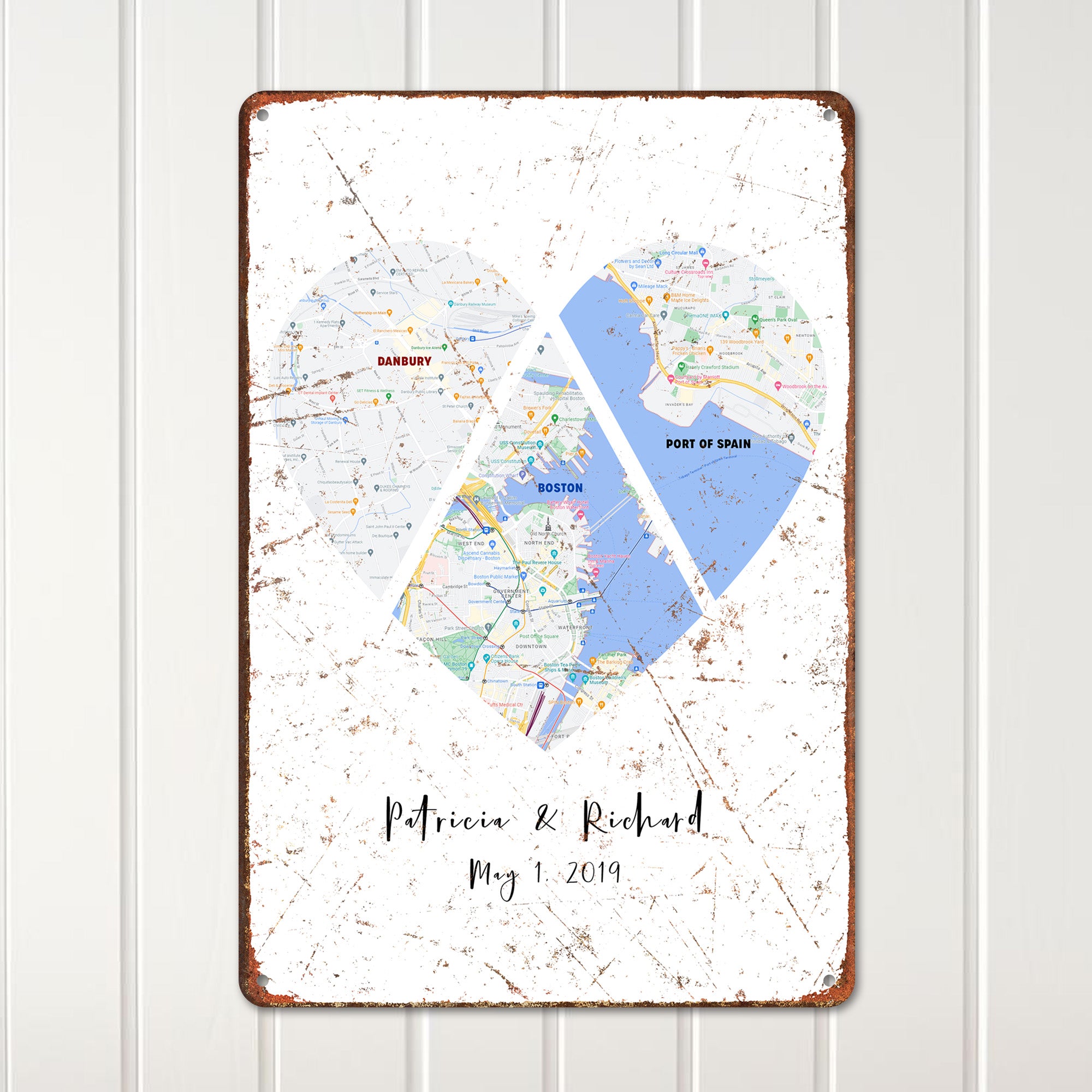 Personalized Heart-Shaped Map Metal Sign - Commemorate Special Places and Memories with Custom Dates and Names - Image 2