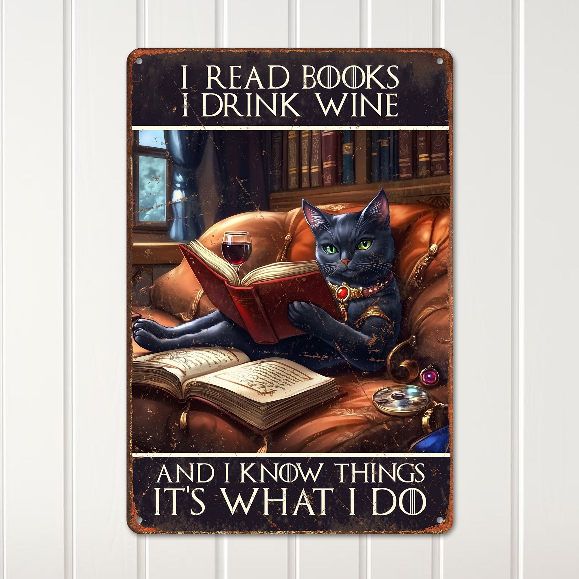 Personalized Vintage Cat Metal Sign - "I Read Books, I Drink Wine" | Perfect Gift for Book Lovers & Wine Enthusiasts - Image 2