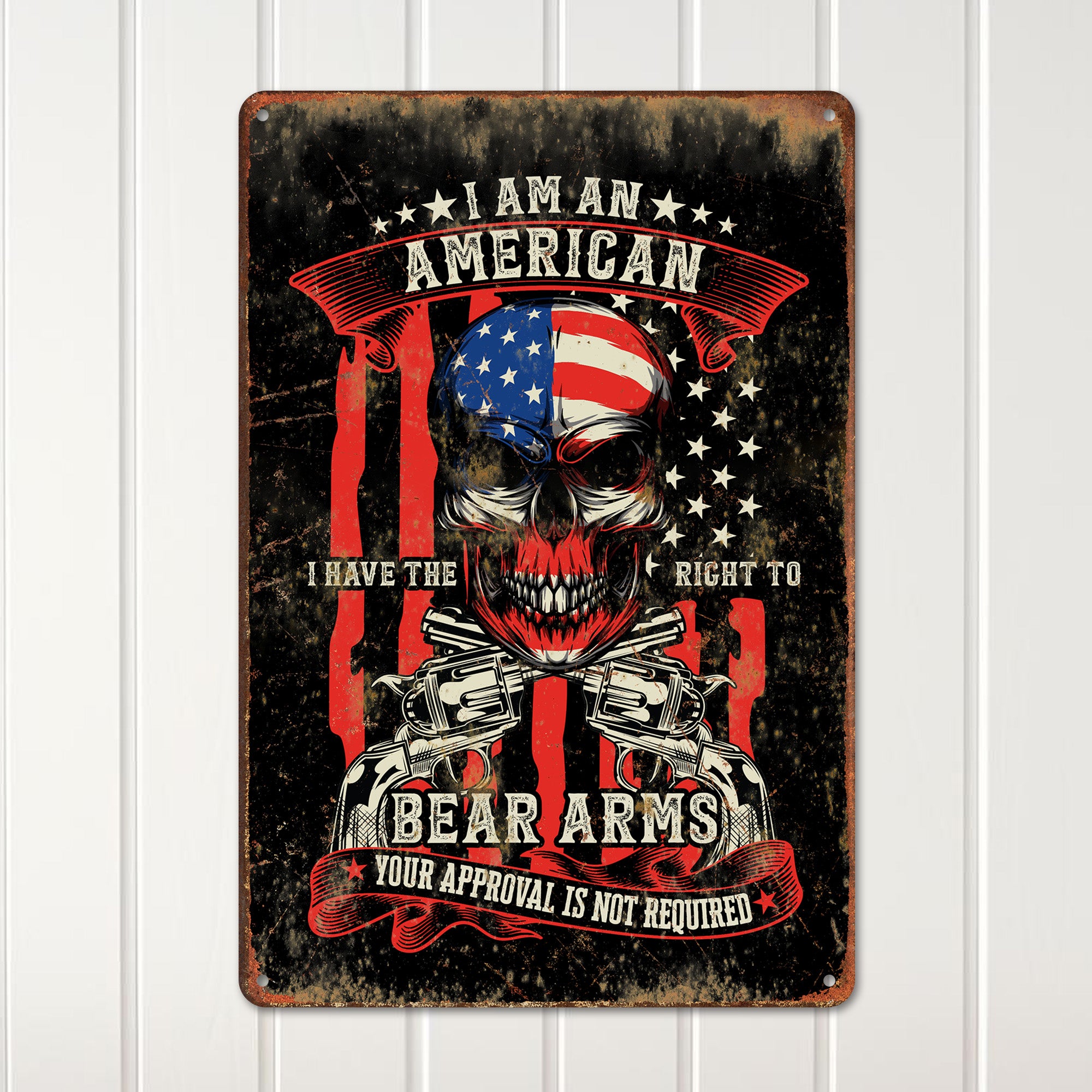 Personalized Patriotic Metal Sign with American Flag and Skull Graphic – Perfect for Gun Enthusiasts and Unique Gift Giving - Image 2