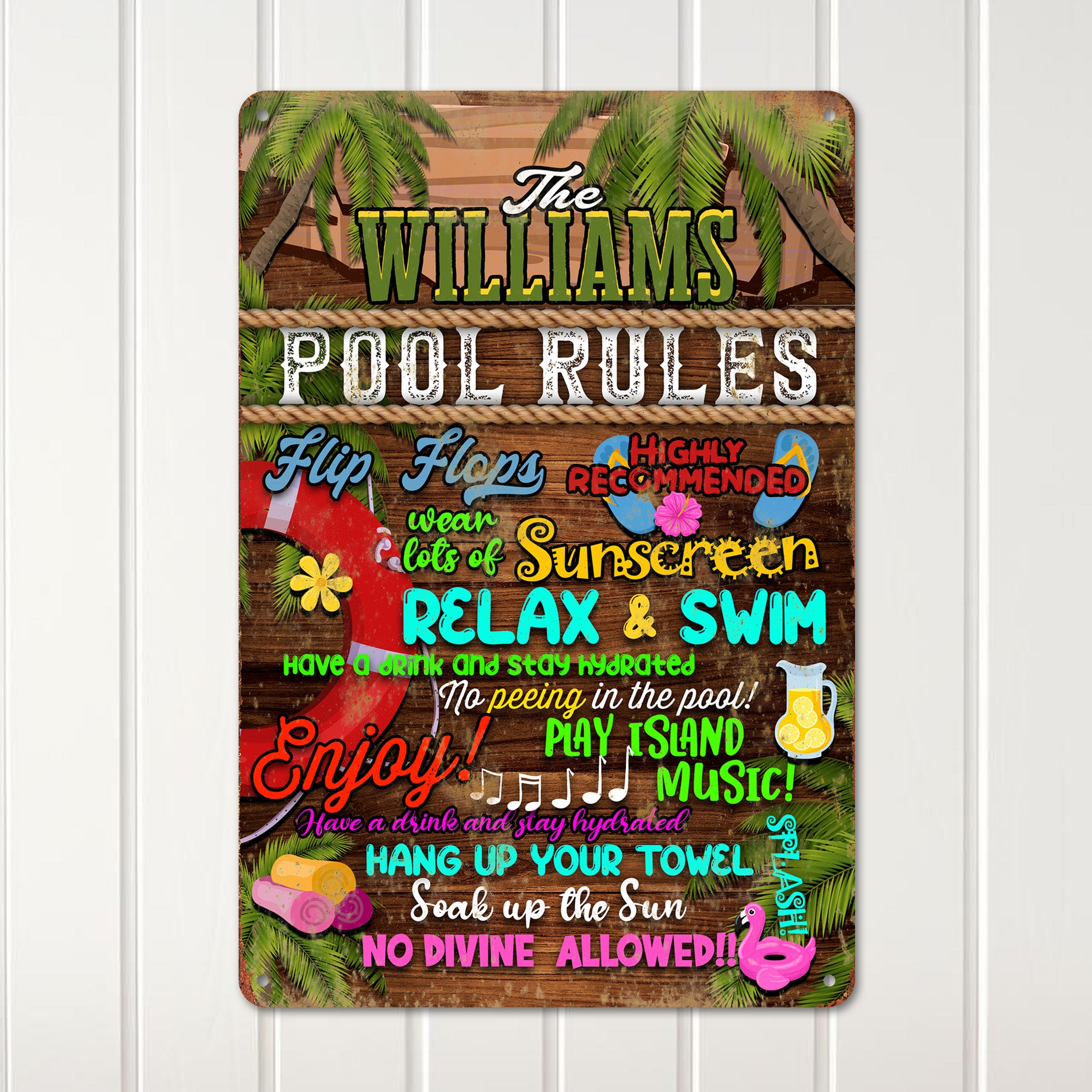 Personalized Pool Rules Metal Sign - Custom Family Name Poolside Decor with Tropical Vibes - Image 2