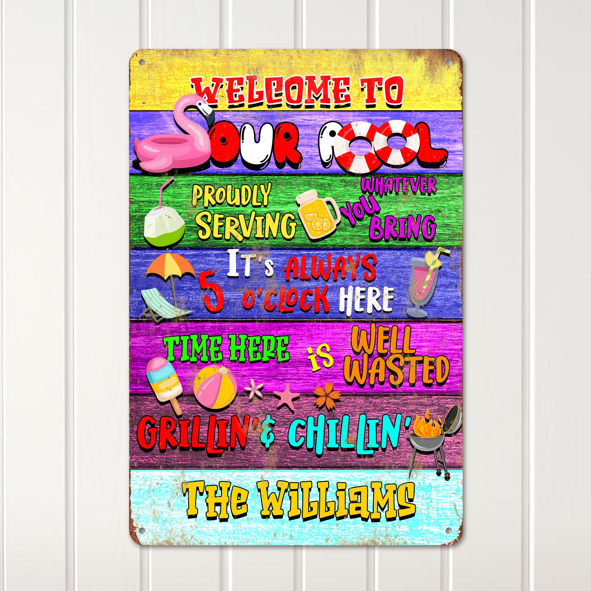 Personalized Welcome to Our Pool Metal Sign | Custom Family Name Grillin' & Chillin' Decor for Backyard & Patio Fun - Image 2