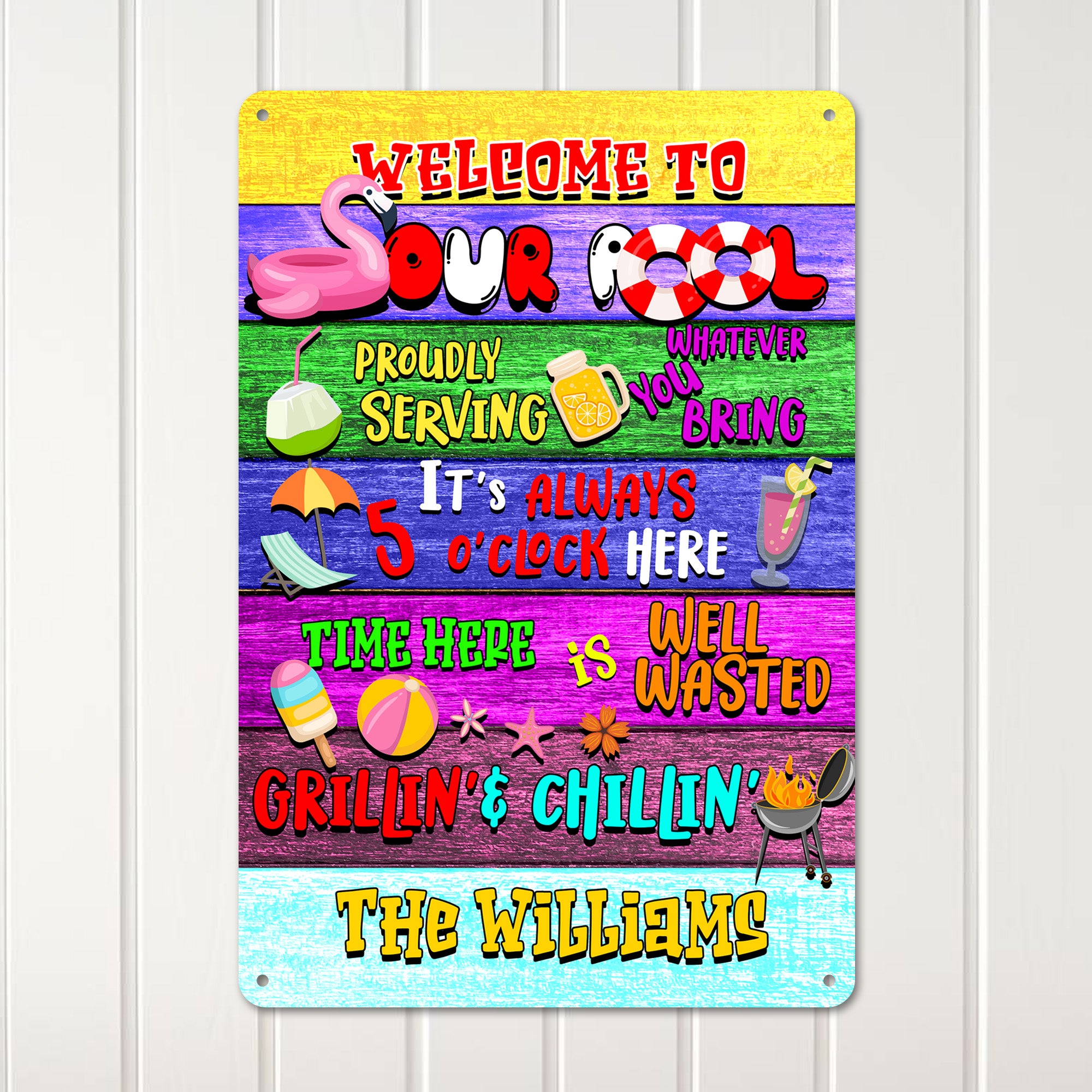 Personalized Welcome to Our Pool Metal Sign | Custom Family Name Grillin' & Chillin' Decor for Backyard & Patio Fun - Image 3