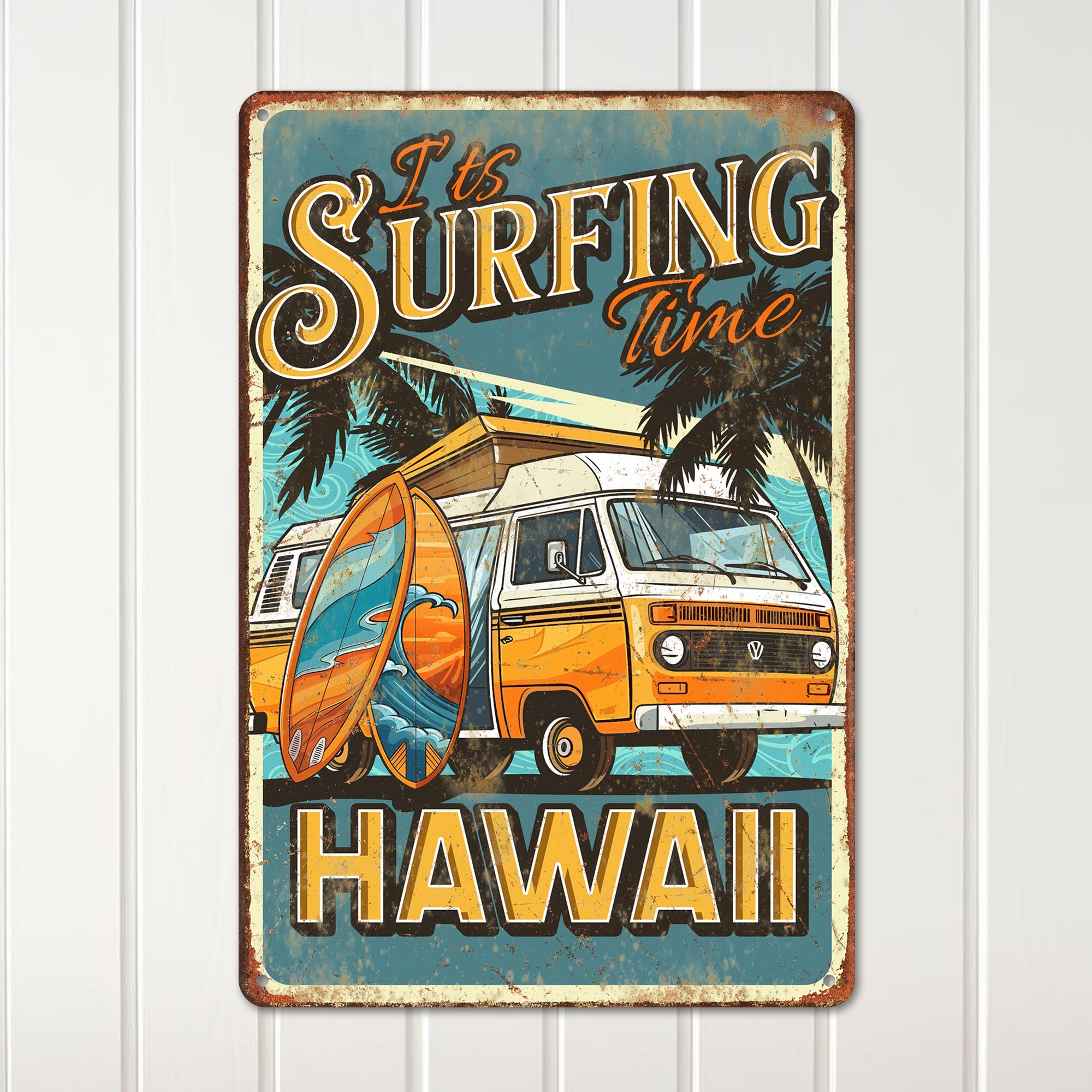 Personalized Vintage Surfing Time Metal Sign – Custom Beach Decor Featuring Classic VW Van and Surfboards for Hawaiian Vibes - Image 2