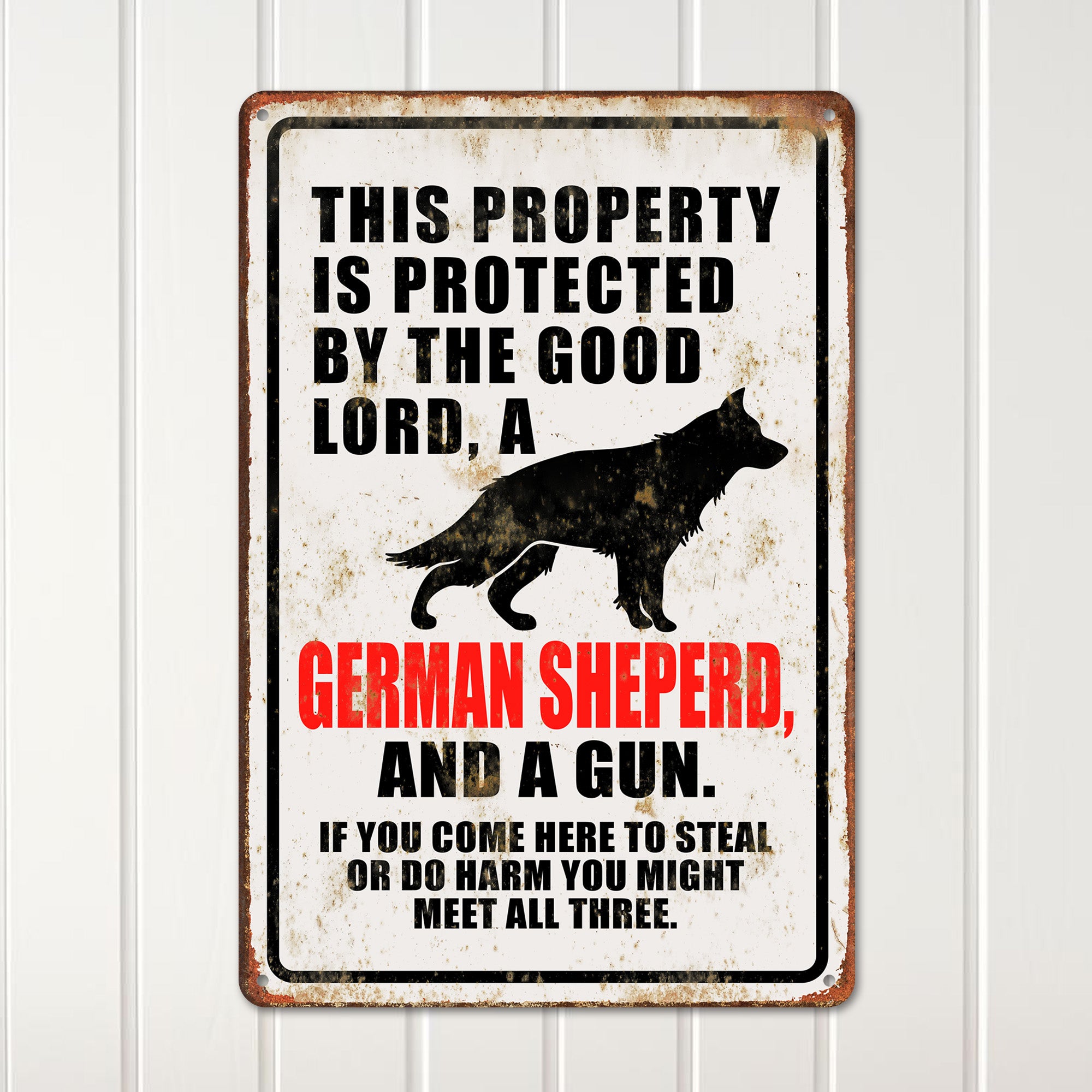 Personalized Distressed Metal Sign - Bold Vintage Design with German Shepherd Silhouette for Home & Property Protection - Image 2