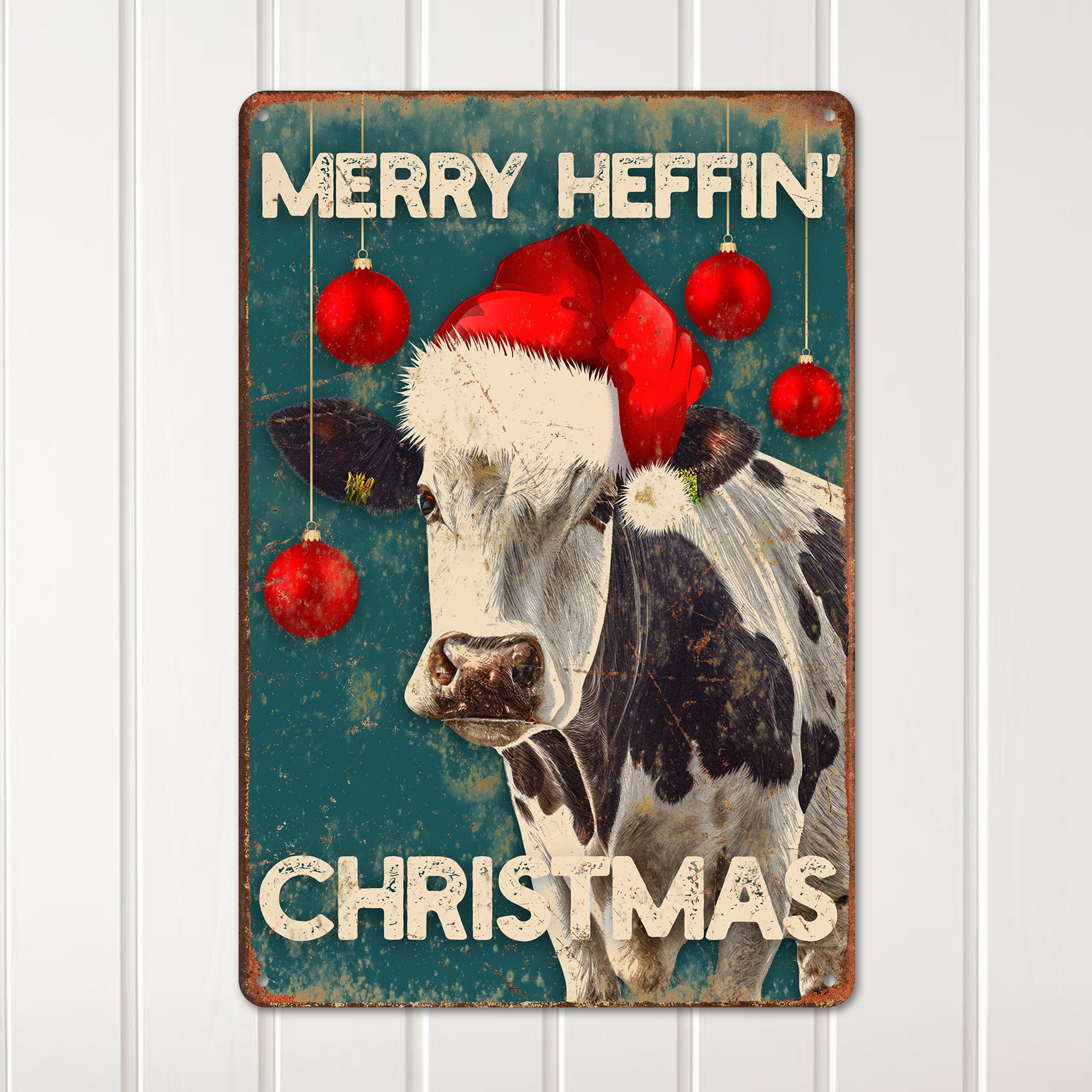 Personalized Rustic Metal Xmas Sign - "Merry Heffin' Christmas" Cow Design with Vintage Charm - Image 2