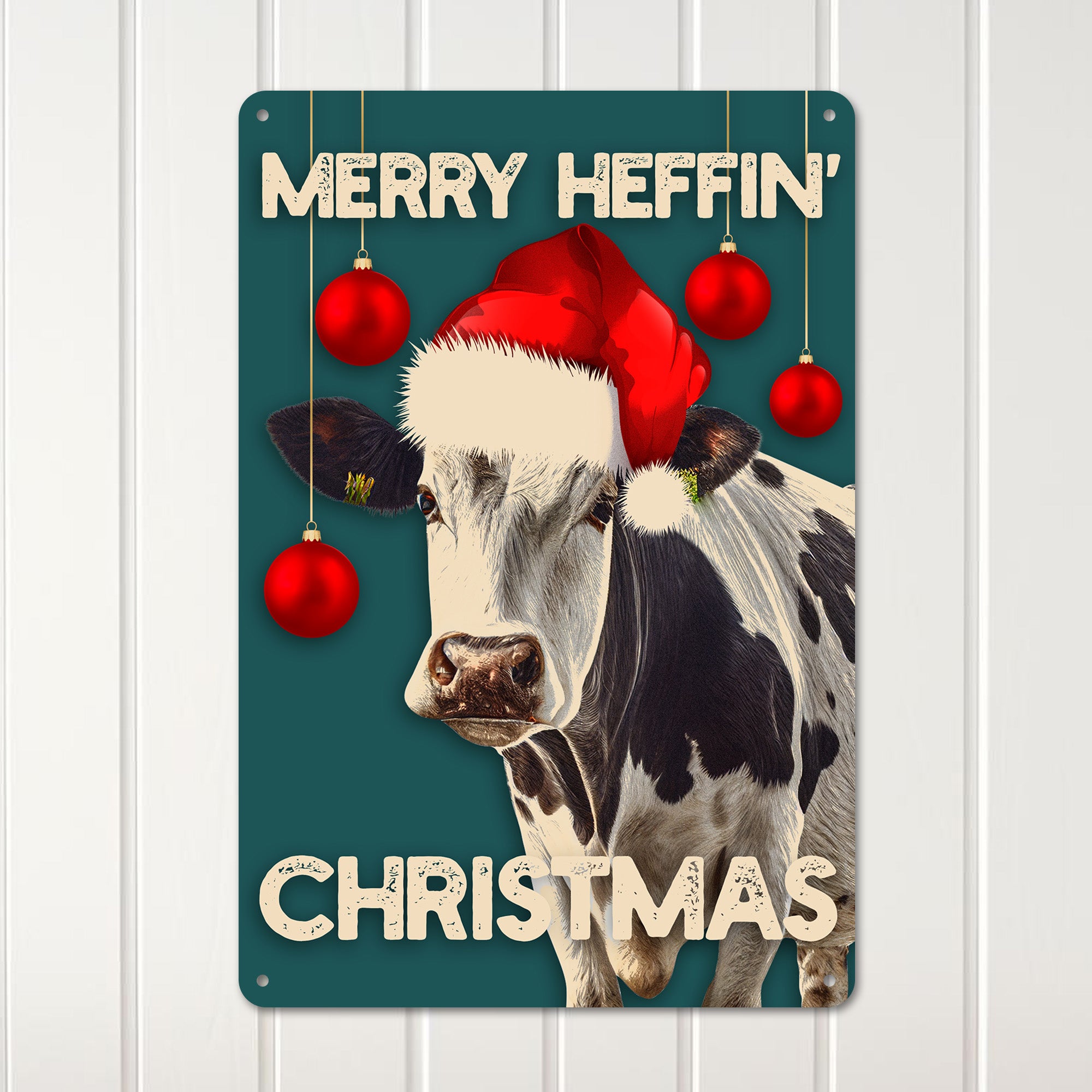 Personalized Rustic Metal Xmas Sign - "Merry Heffin' Christmas" Cow Design with Vintage Charm - Image 3