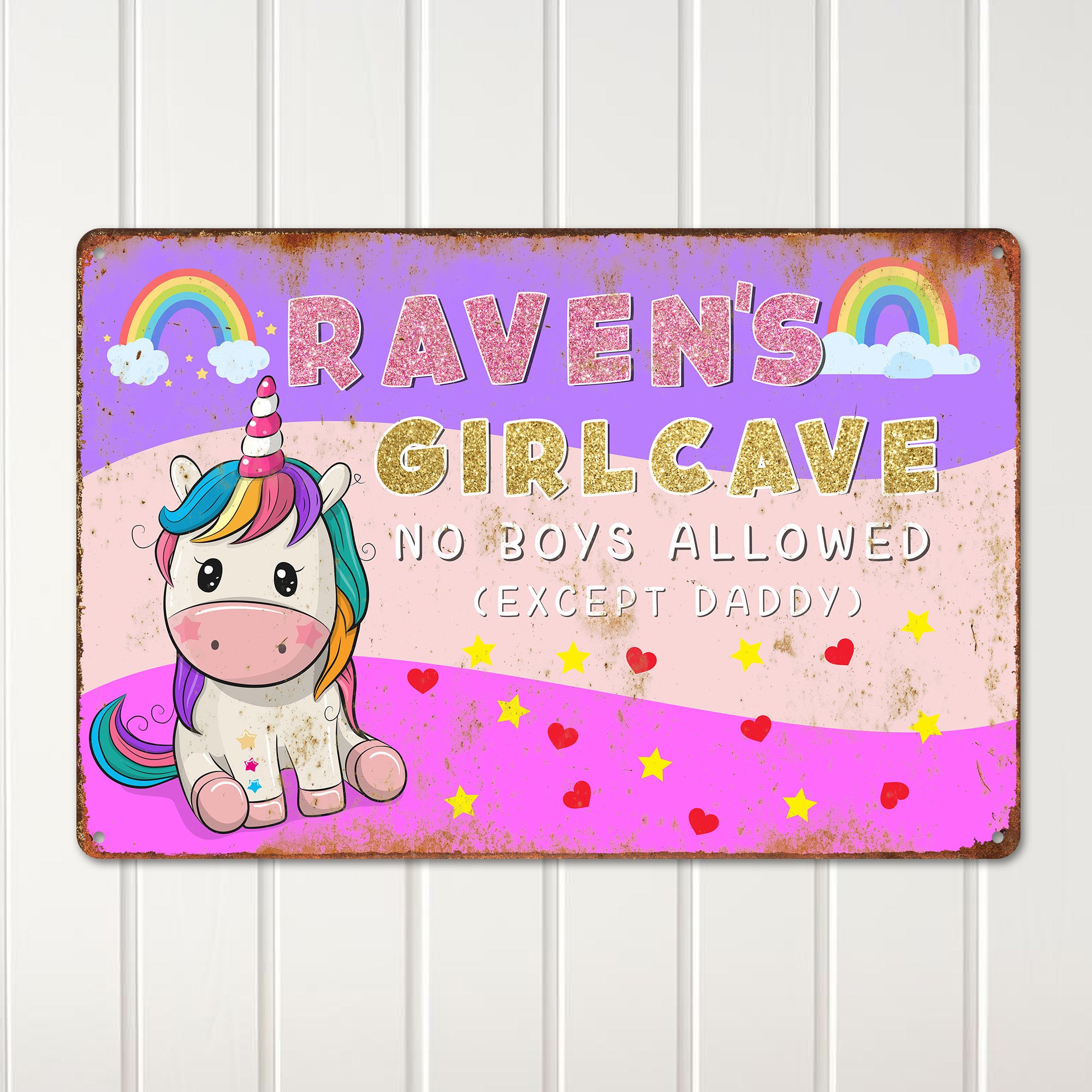 Personalized Unicorn Girl Cave Metal Sign – Custom Name Decor for Kids Room, Birthday Gift for Girls, Rainbow and Heart Design - Image 2