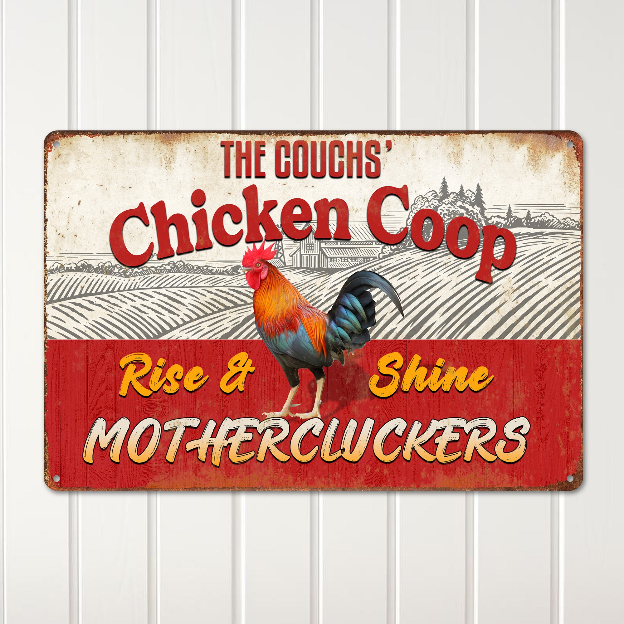 Personalized Rustic Metal Chicken Coop Sign - Custom Farmhouse Decor with Vintage Rooster Illustration and Humorous Text - Image 2