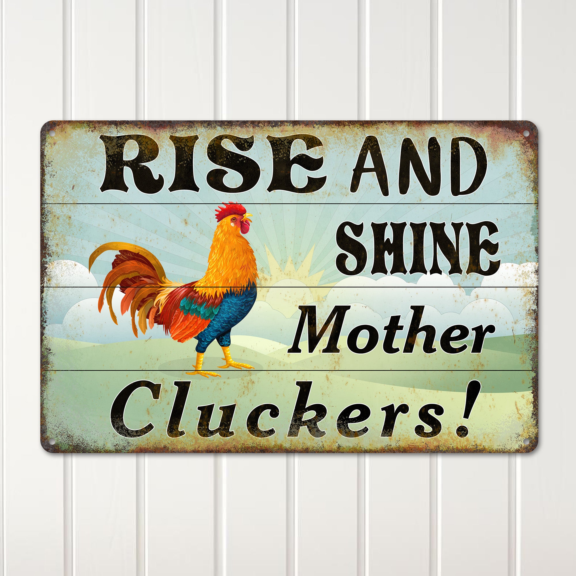 Rustic "Rise and Shine Mother Cluckers!" Metal Sign - Handmade Vintage Farmhouse Decor Perfect for Personalized Gifts - Image 2