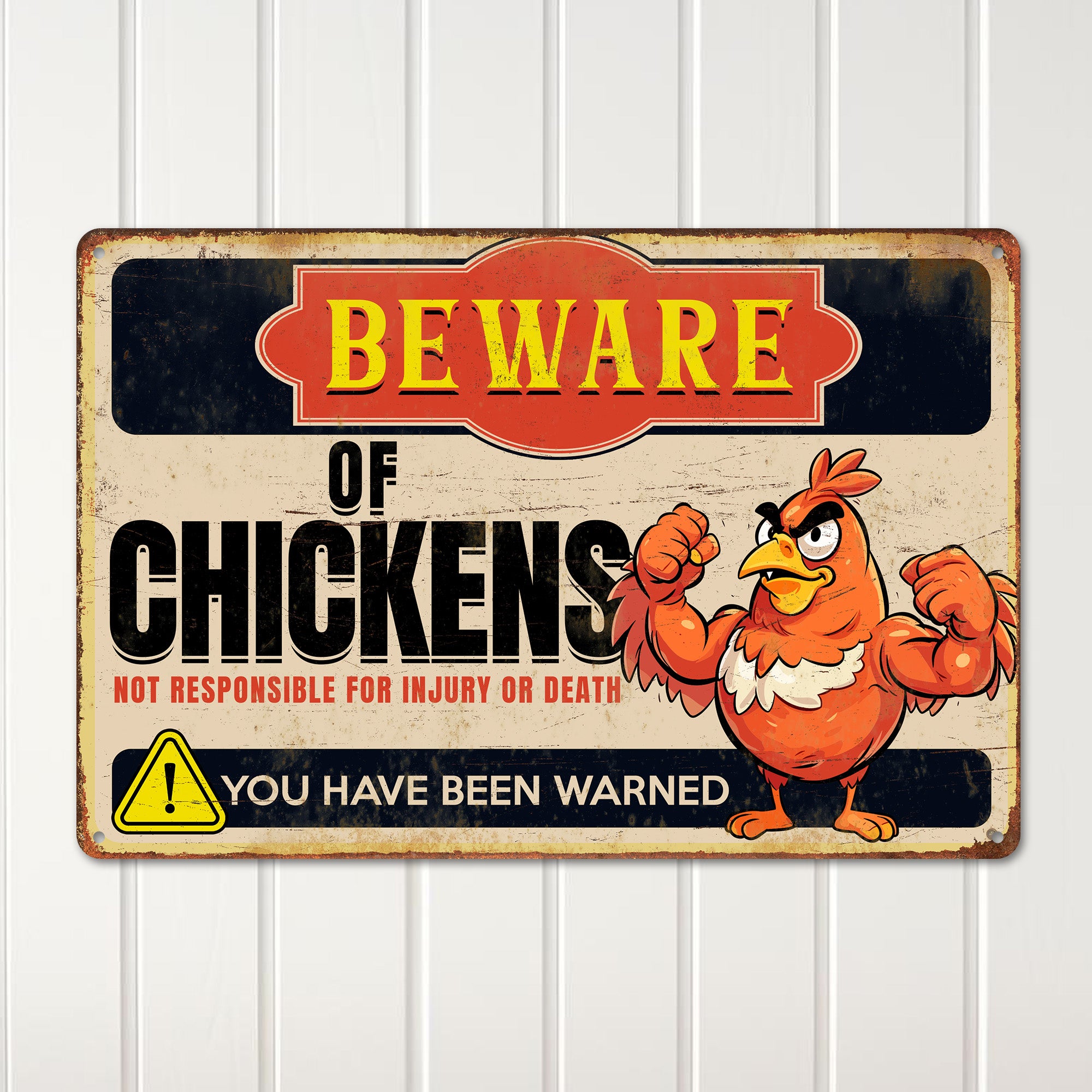 Rustic "Beware of Chickens" Vintage Metal Sign – Personalized Farmhouse Decor for Humorous Gift Giving - Image 2