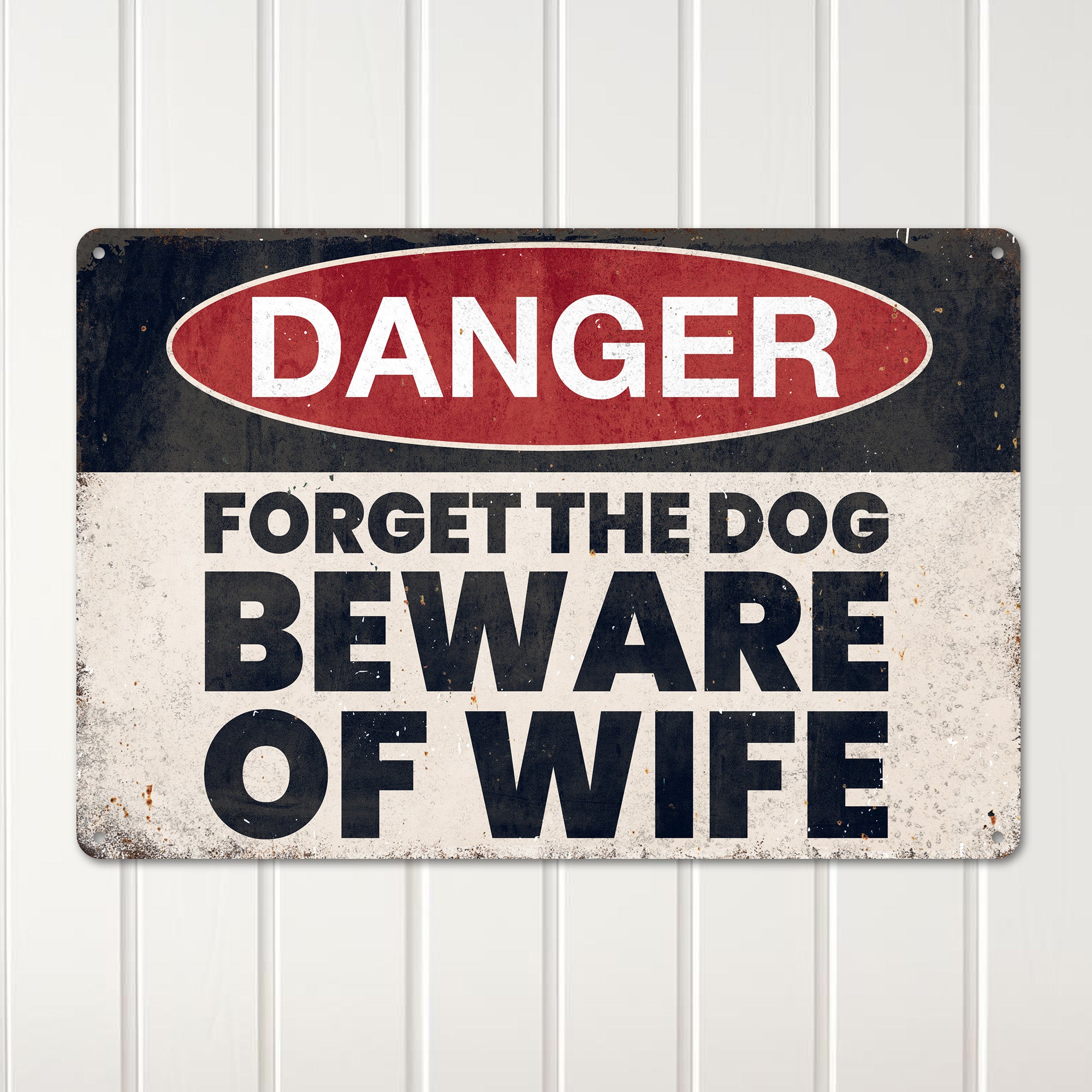Personalized Vintage Metal Sign - "Forget the Dog, Beware of Wife" - Customizable Humor for Home or Gift - Image 2