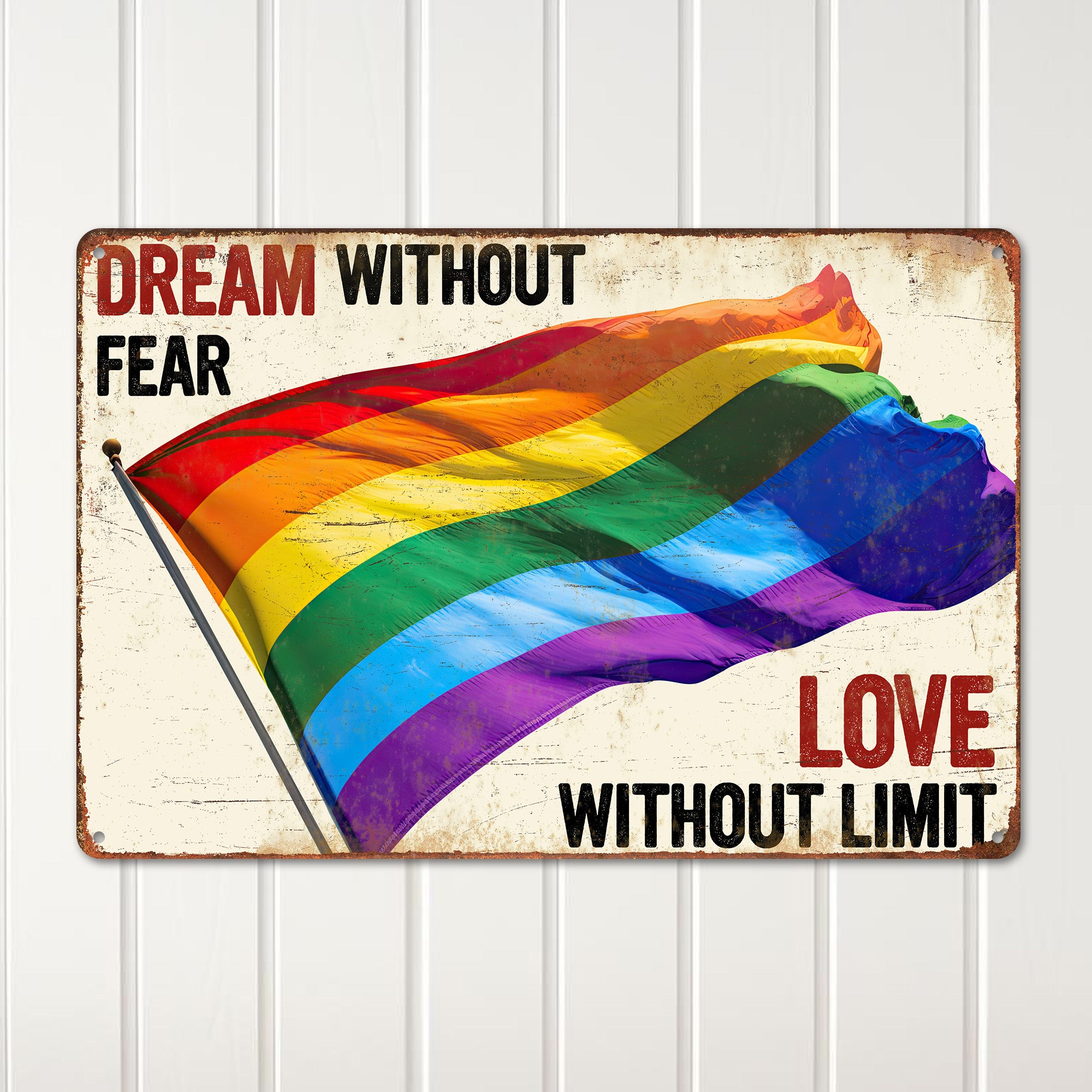 Personalized Rainbow Pride Metal Sign: "Dream Without Fear, Love Without Limit" - Handmade Vintage Style Decor - Image 2