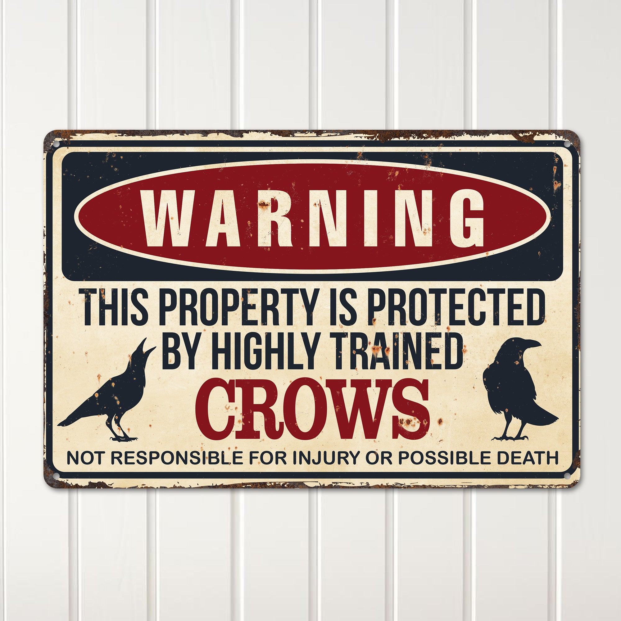 Personalized Vintage Metal Warning Sign with Crows - Customizable Home Decor Gift for Bird Lovers - Image 2