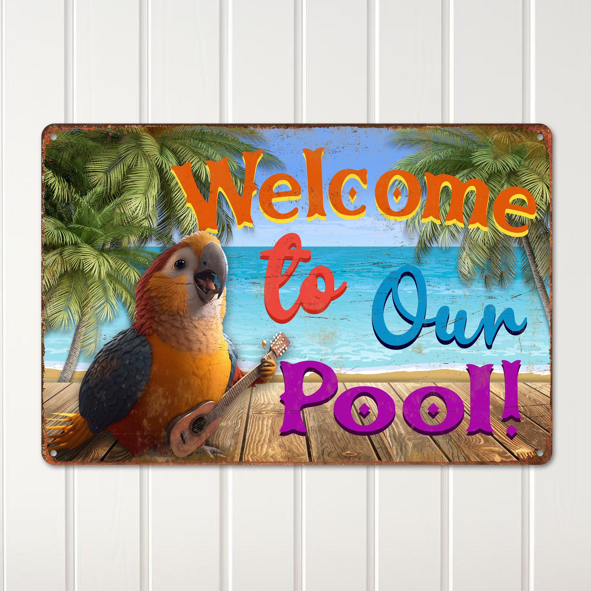 Personalized Tropical Pool Welcome Sign with Colorful Parrot Design - Custom Metal Art for Poolside Decor - Image 2