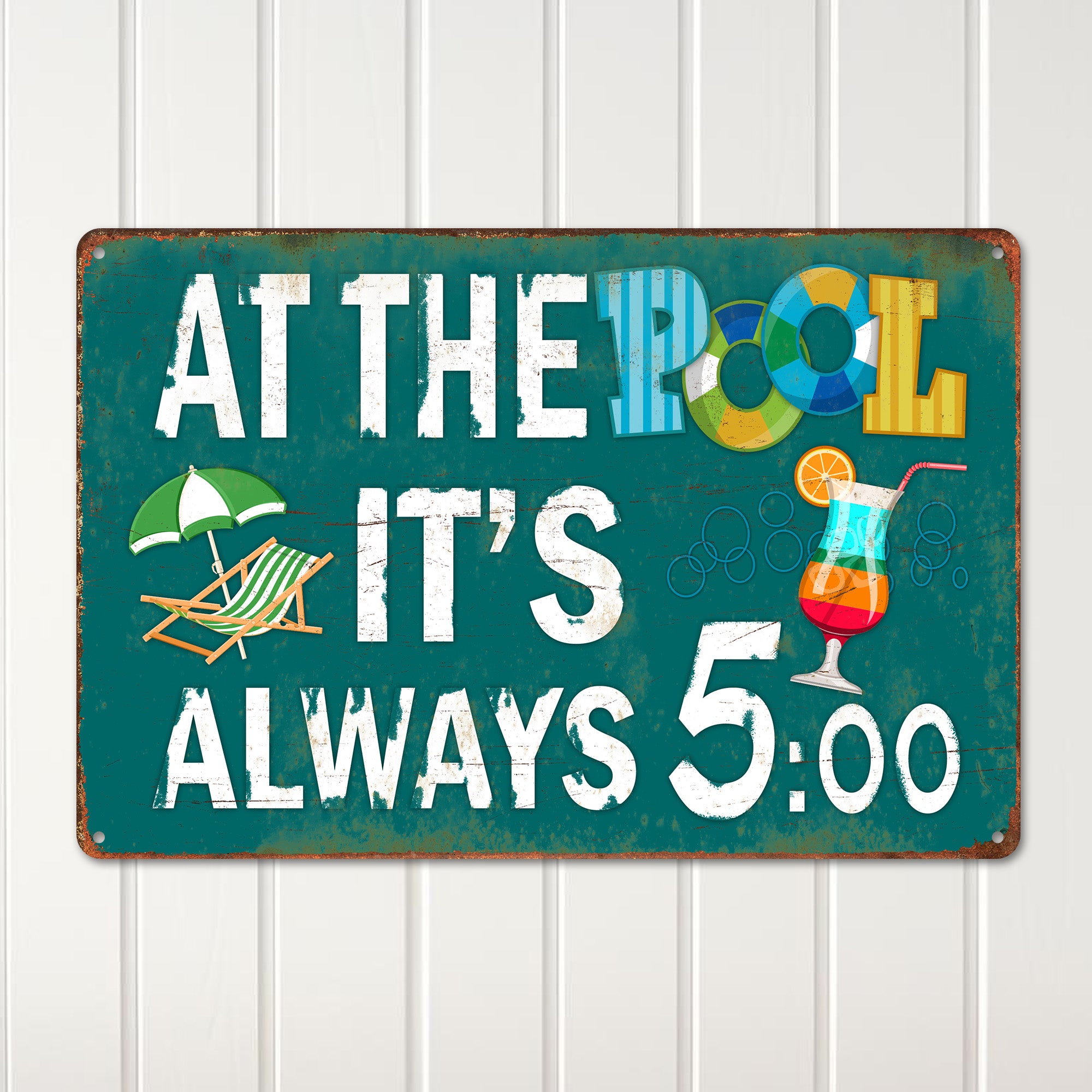 Personalized Metal Poolside Sign - "At The Pool It's Always 5:00" – Customizable Pool Decor for Relaxation Lovers - Image 2