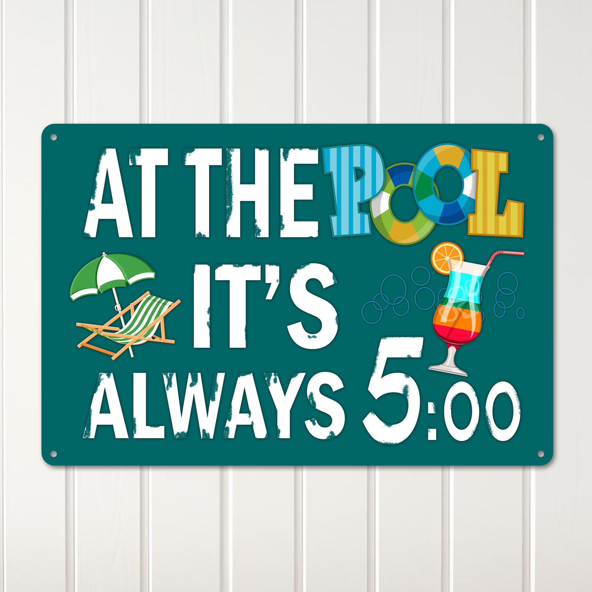 Personalized Metal Poolside Sign - "At The Pool It's Always 5:00" – Customizable Pool Decor for Relaxation Lovers - Image 3